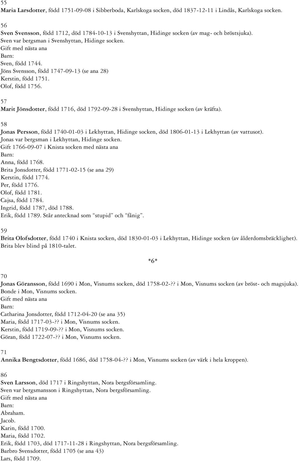 Jöns Svensson, född 1747-09-13 (se ana 28) Kerstin, född 1751. Olof, född 1756. 57 Marit Jönsdotter, född 1716, död 1792-09-28 i Svenshyttan, Hidinge socken (av kräfta).