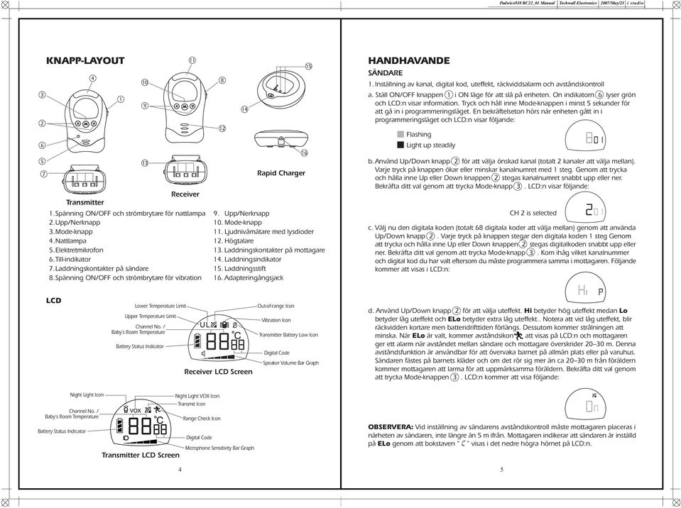 En bekräftelseton hörs när enheten gått in i programmeringsläget och LCD:n visar följande: Transmitter Receiver 1. Spänning ON/OFF och strömbrytare för nattlampa 2. Upp/Nerknapp 3. Mode-knapp 4.