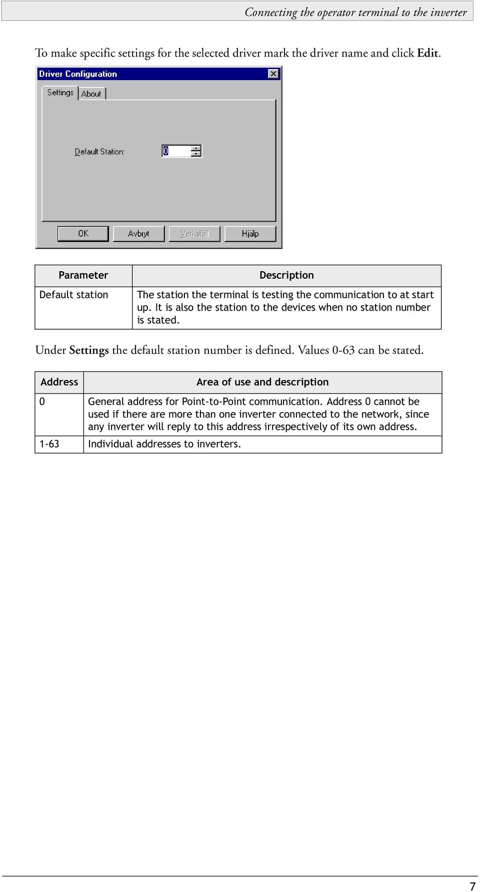 It is also the station to the devices when no station number is stated. Under Settings the default station number is defined. Values 0-63 can be stated.