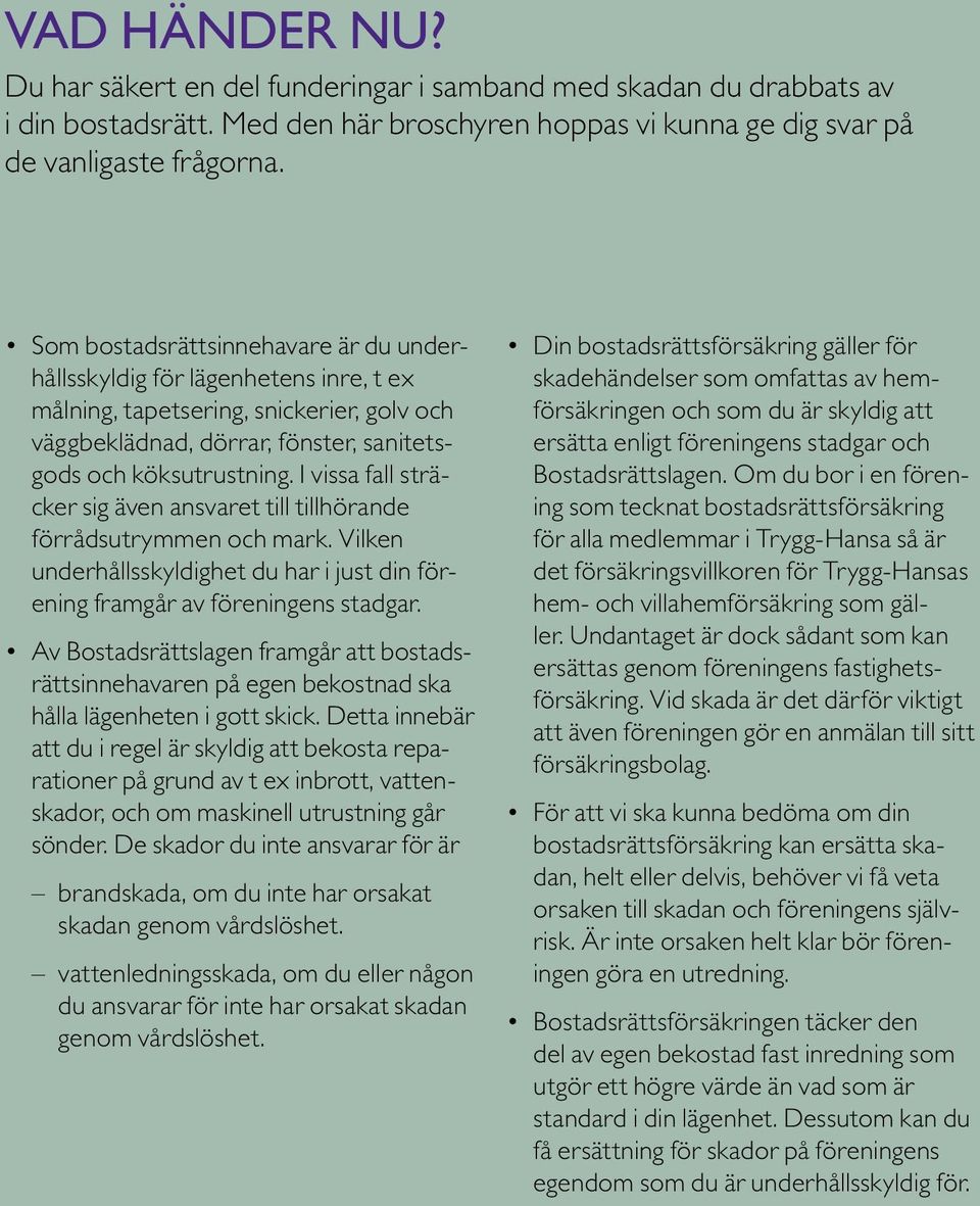 I vissa fall sträcker sig även ansvaret till tillhörande för rådsutrymmen och mark. Vilken underhållsskyldighet du har i just din förening framgår av förenin gens stadgar.