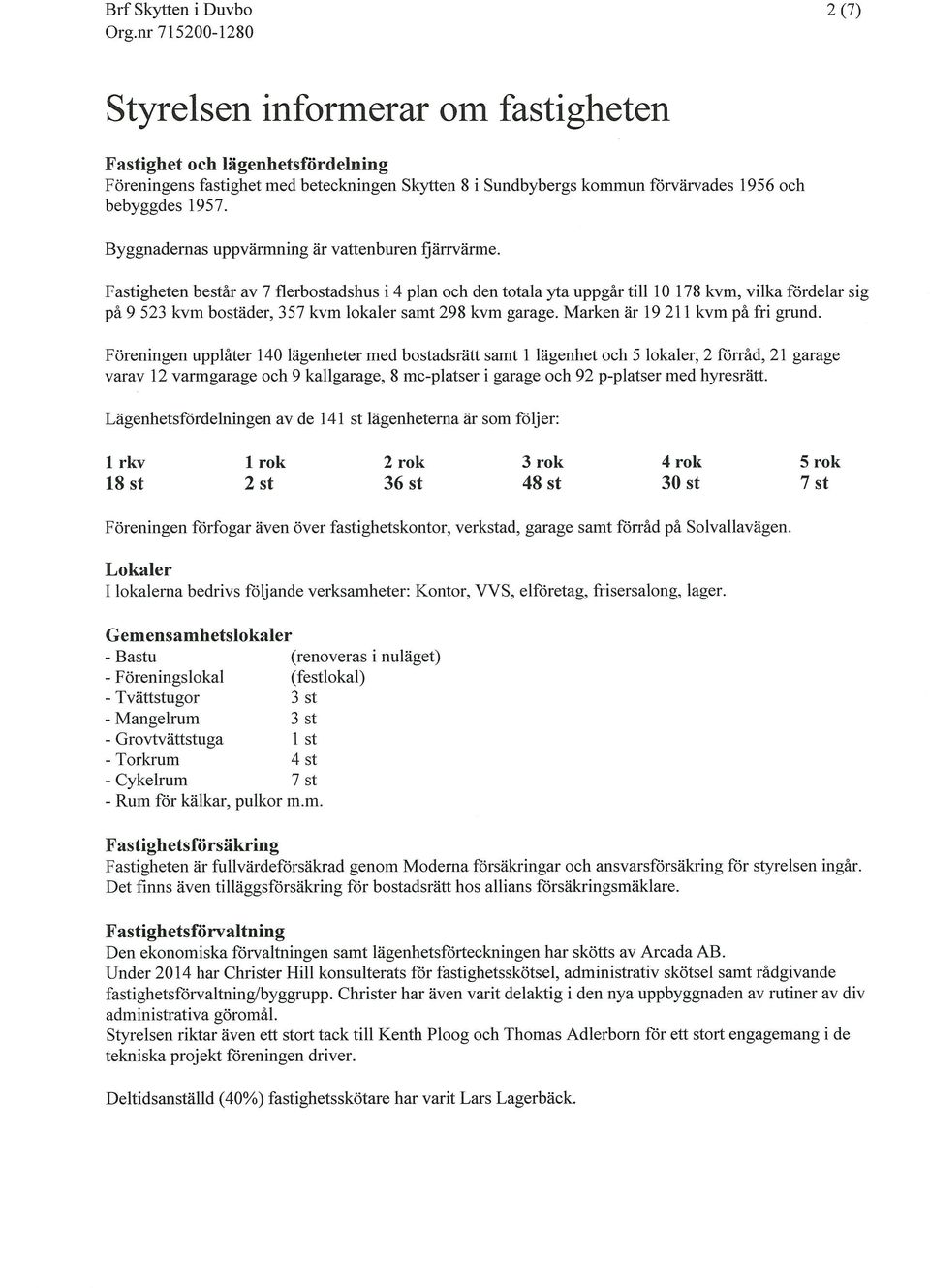 Fastigheten består av 7 flerbostadshus i 4 plan och den totala yta uppgår till 10 178 kvm, vilka fördelar sig pa 9 523 kvm bostäder, 357 kvm lokaler samt 298 kvm garage.