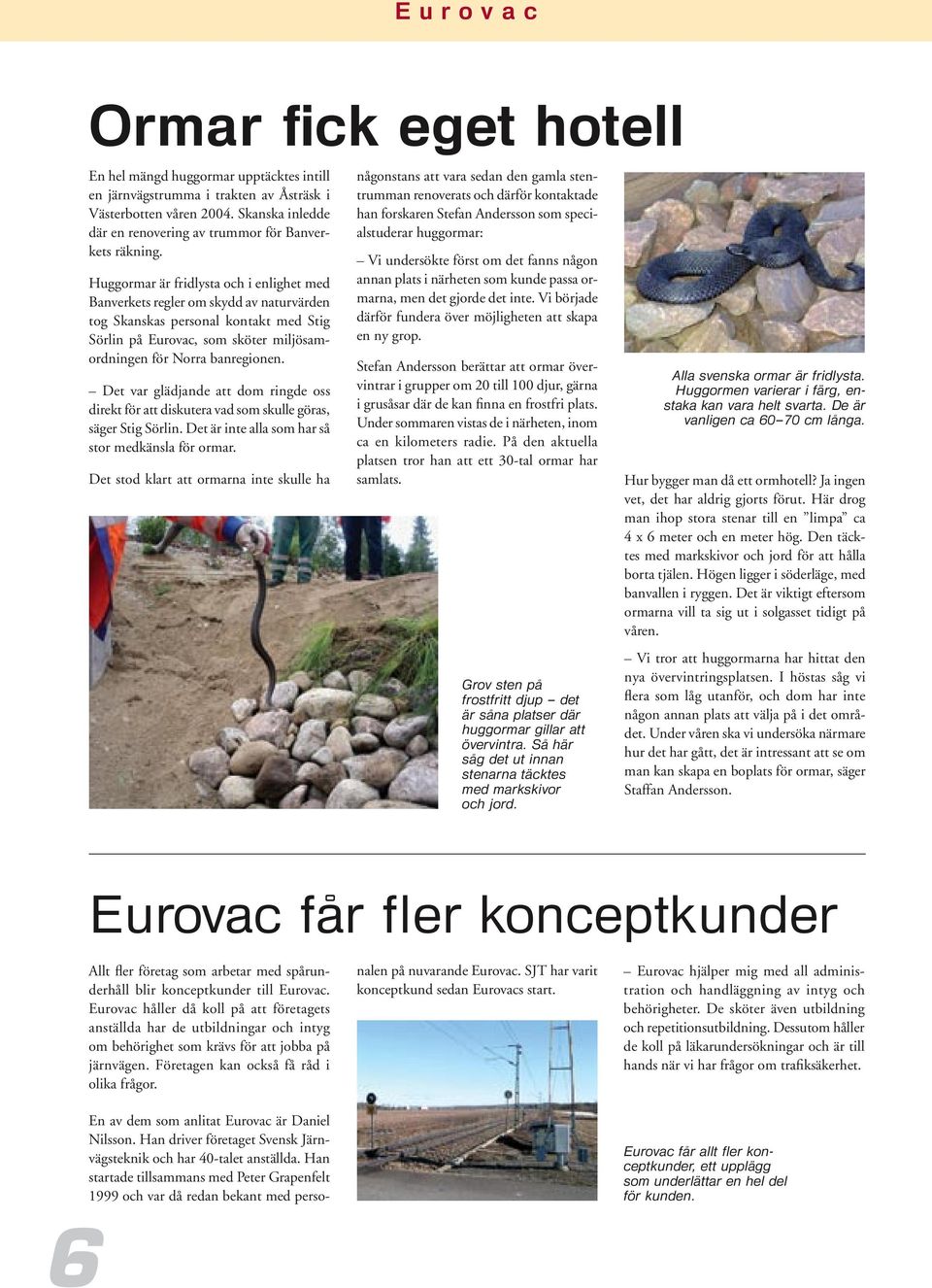 Huggormar är fridlysta och i enlighet med Banverkets regler om skydd av naturvärden tog Skanskas personal kontakt med Stig Sörlin på Eurovac, som sköter miljösamordningen för Norra banregionen.