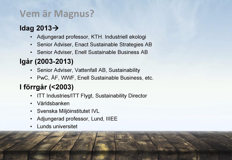 Business AB Igår (2003-2013) Senior Adviser, Vattenfall AB, Sustainability PwC, ÅF, WWF, Enell Sustainable