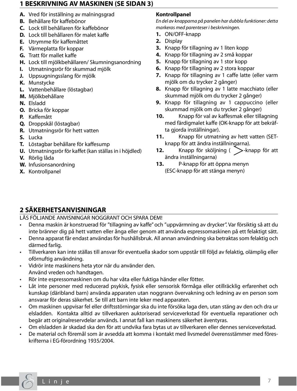 Munstycke L. Vattenbehållare (löstagbar) M. Mjölkbehållare N. Elsladd O. Bricka för koppar P. Kaffemått Q. Droppskål (löstagbar) R. Utmatningsrör för hett vatten S. Lucka T.