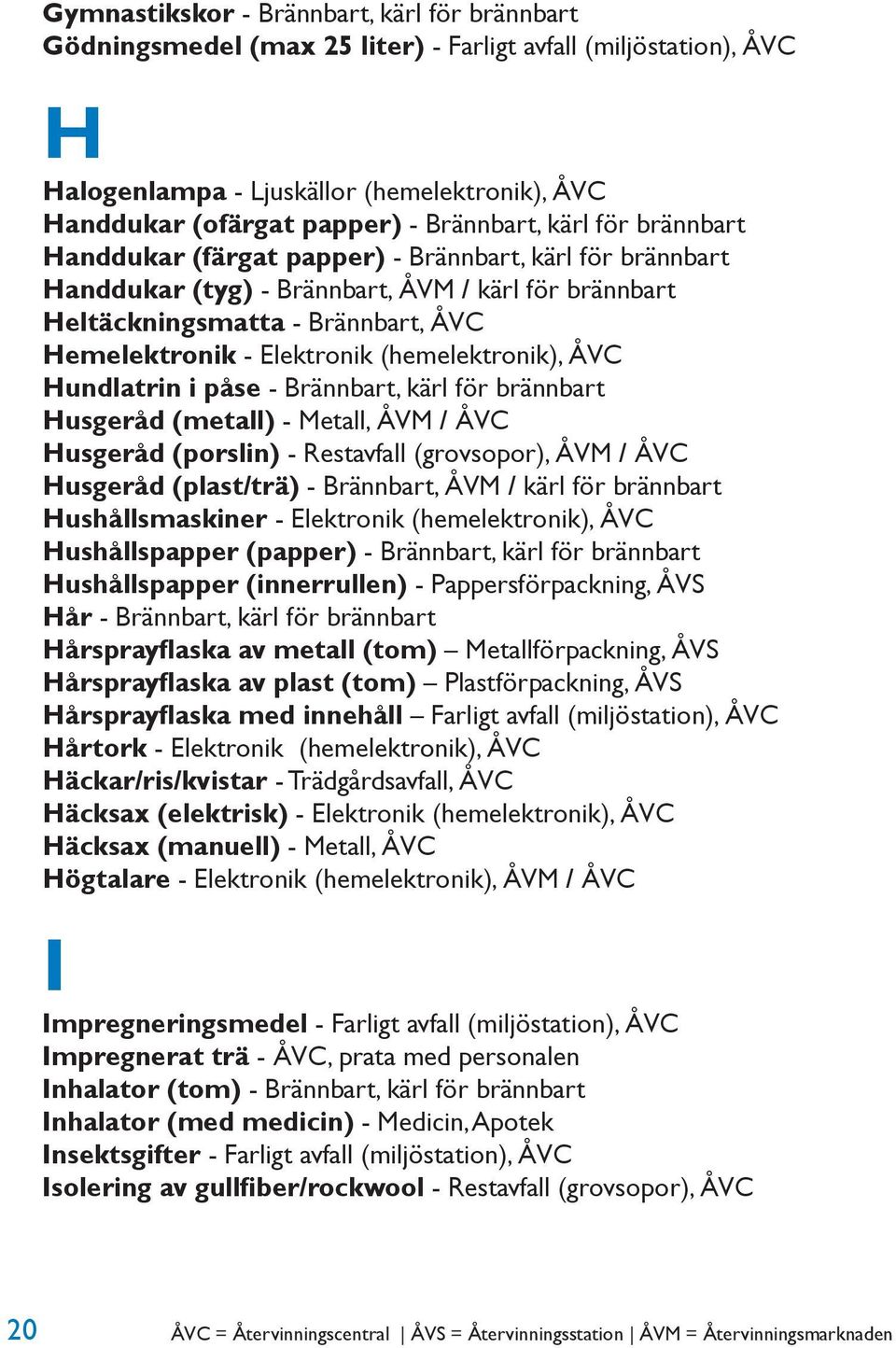 Elektronik (hemelektronik), ÅVC Hundlatrin i påse - Brännbart, kärl för brännbart Husgeråd (metall) - Metall, ÅVM / ÅVC Husgeråd (porslin) - Restavfall (grovsopor), ÅVM / ÅVC Husgeråd (plast/trä) -