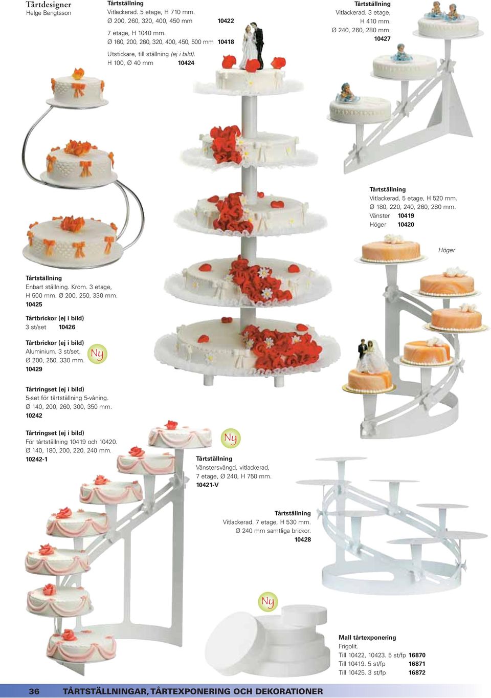 10427 Tårtställning Vitlackerad, 5 etage, H 520 mm. Ø 180, 220, 240, 260, 280 mm. Vänster 10419 Höger 10420 Höger Tårtställning Enbart ställning. Krom. 3 etage, H 500 mm. Ø 200, 250, 330 mm.
