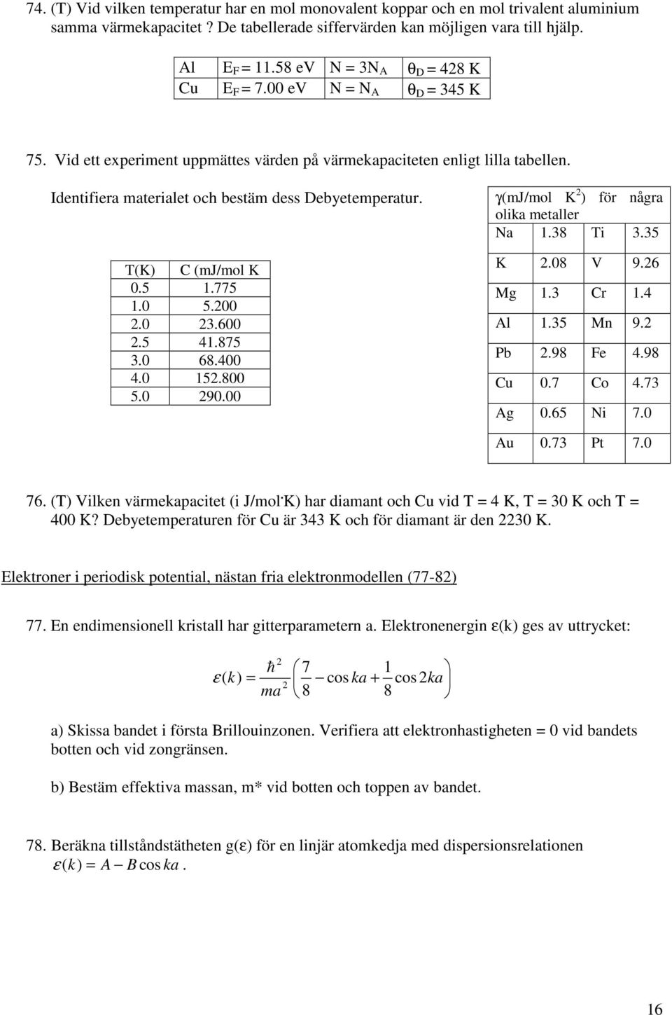 γ(mj/mol K för några olika mtallr Na.8 Ti.5 K.8 V 9.6 Mg. Cr.4 Al.5 Mn 9. Pb.98 F 4.98 Cu.7 Co 4.7 Ag.65 Ni 7. Au.7 Pt 7. 76. (T Vilkn värmkapacitt (i J/mol.