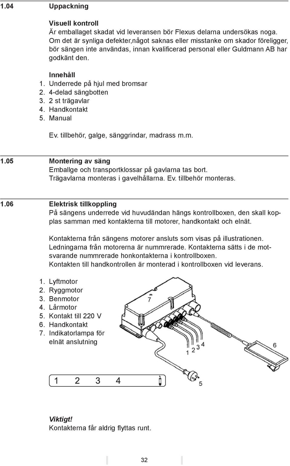 Underrede på hjul med bromsar 2. 4-delad sängbotten 3. 2 st trägavlar 4. Handkontakt 5. Manual Ev. tillbehör, galge, sänggrindar, madrass m.m. 1.