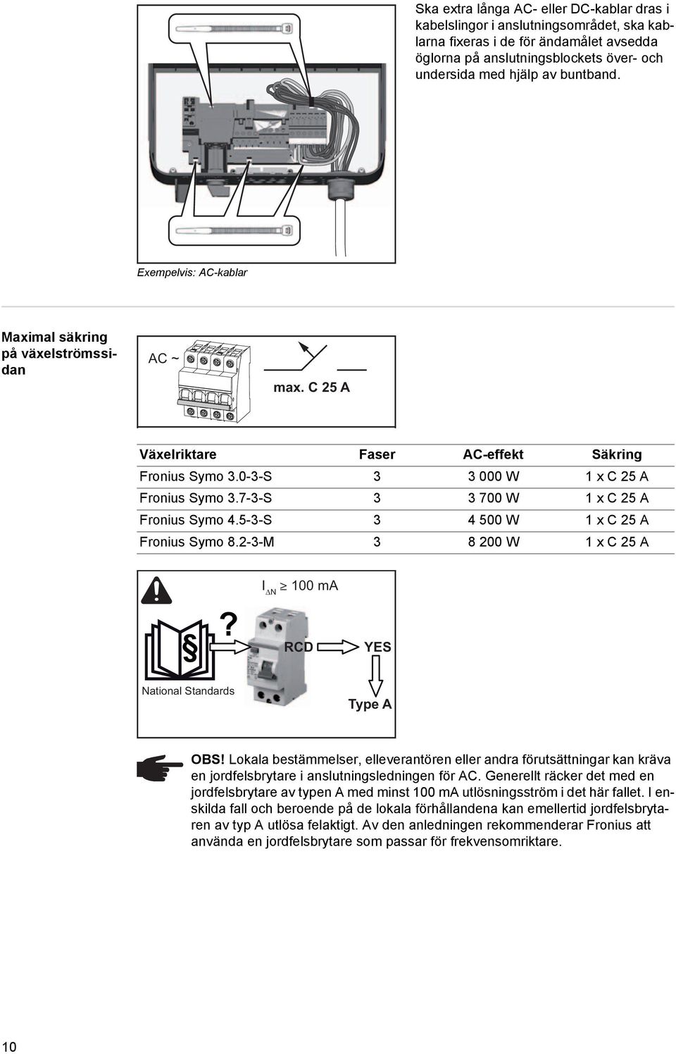 7-3-S 3 3 700 W 1 x C 25 A Fronius Symo 4.5-3-S 3 4 500 W 1 x C 25 A Fronius Symo 8.2-3-M 3 8 200 W 1 x C 25 A I ΔN 100 ma? RCD YES National Standards Type A OBS!