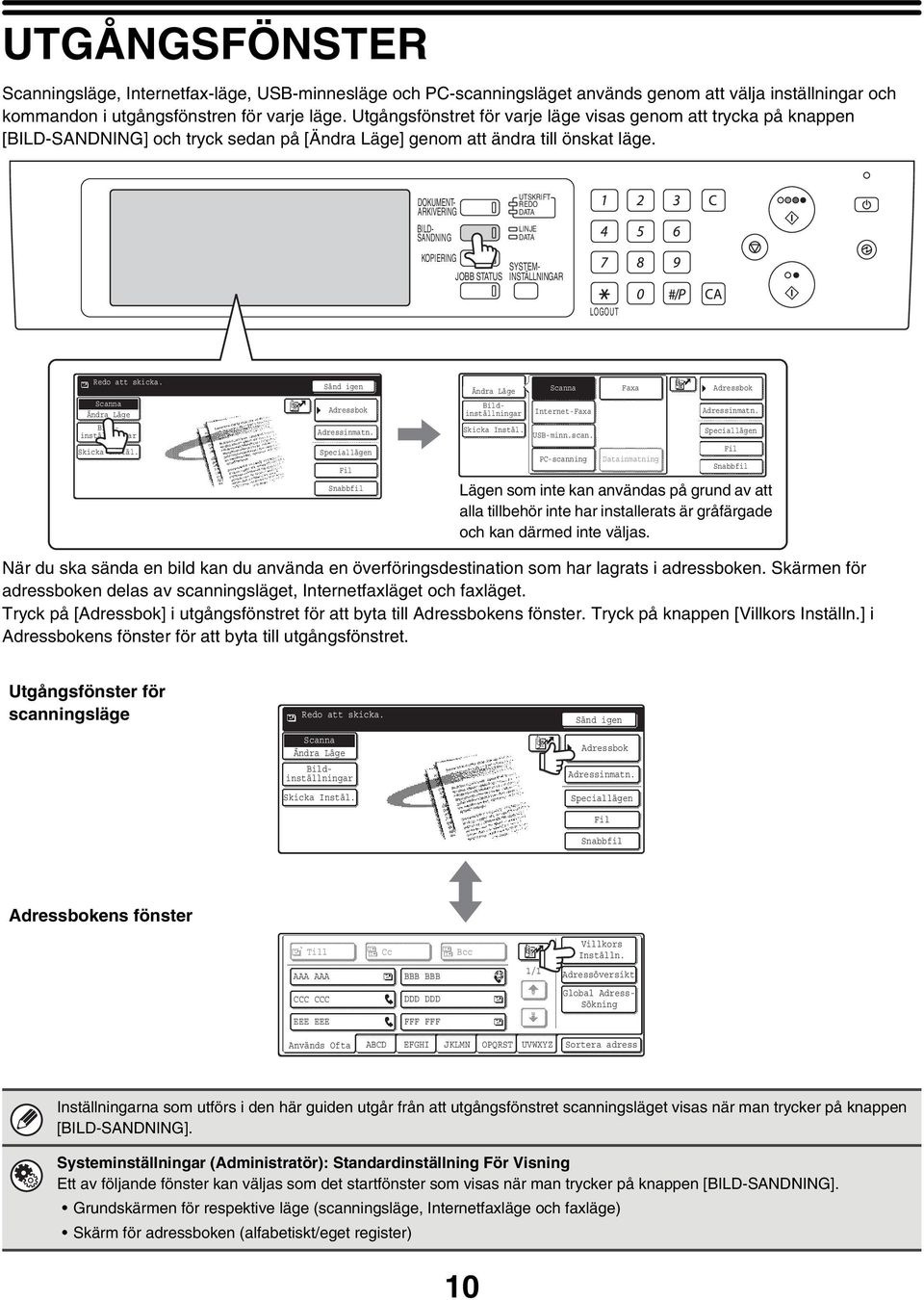 DUMENT- ARKIVERING BILD- SANDNING UTSKRIFT REDO DATA LINJE DATA KOPIERING SYSTEM- JOBB STATUS INSTÄLLNINGAR LOGOUT Redo att skicka. Sänd igen USB-minn.scan.