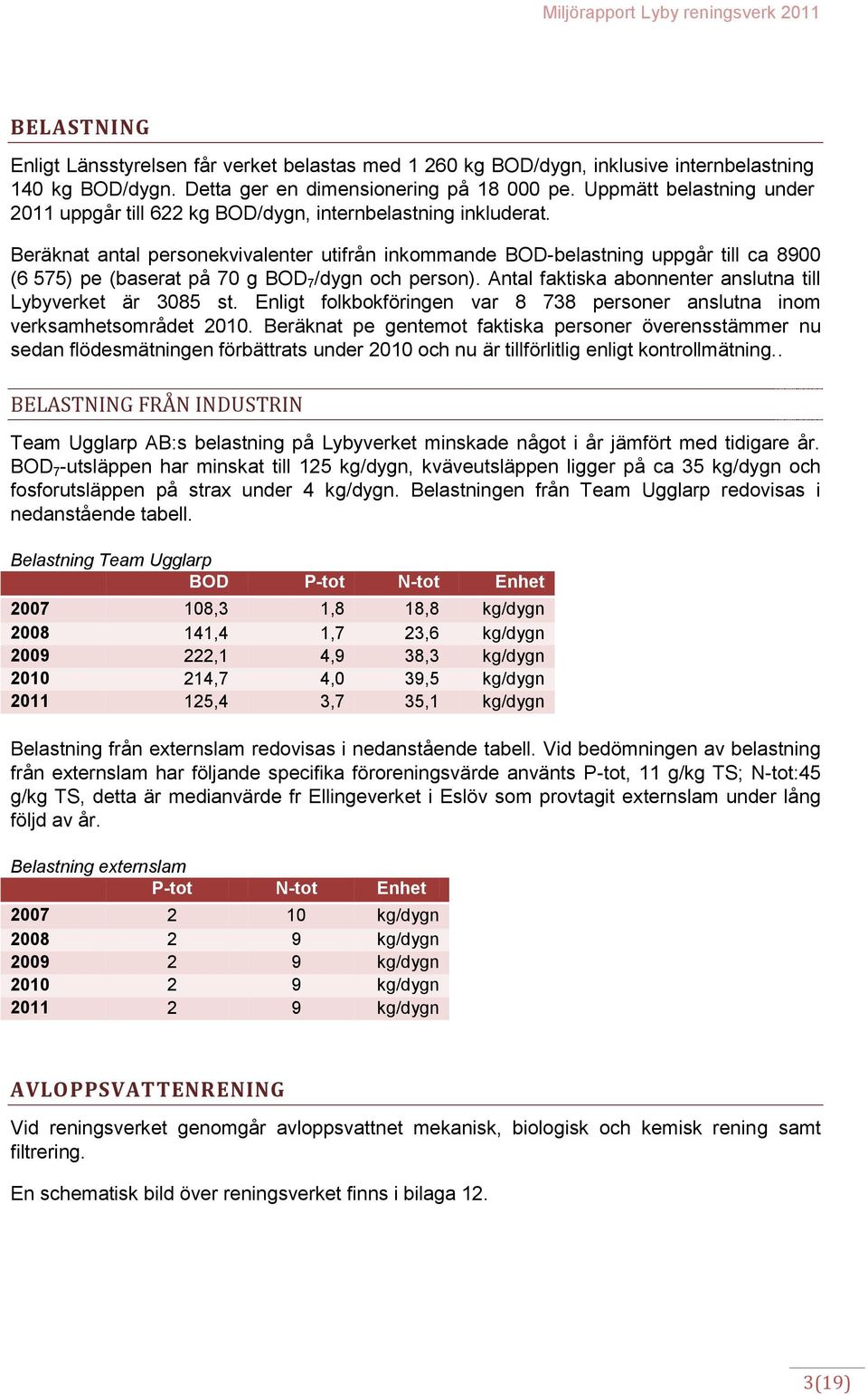 Beräknat antal personekvivalenter utifrån inkommande BOD-belastning uppgår till ca 8900 (6 575) pe (baserat på 70 g BOD 7 /dygn och person).