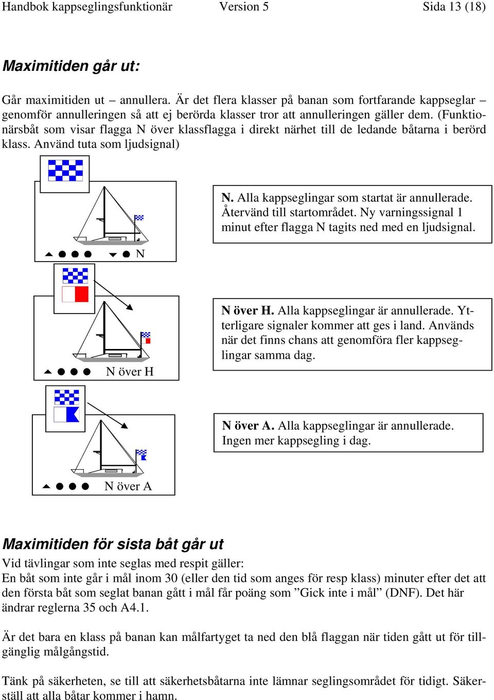 (Funktionärsbåt som visar flagga N över klassflagga i direkt närhet till de ledande båtarna i berörd klass. Använd tuta som ljudsignal) N. Alla kappseglingar som startat är annullerade.