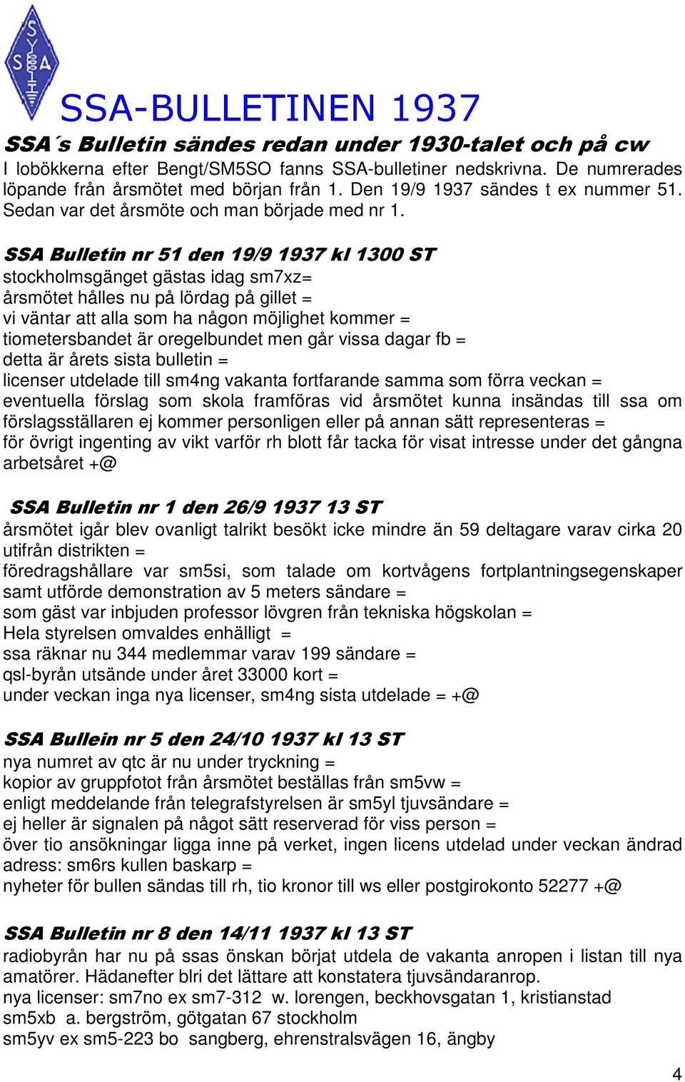 SSA Bulletin nr 51 den 19/9 1937 kl 1300 ST stockholmsgänget gästas idag sm7xz= årsmötet hålles nu på lördag på gillet = vi väntar att alla som ha någon möjlighet kommer = tiometersbandet är