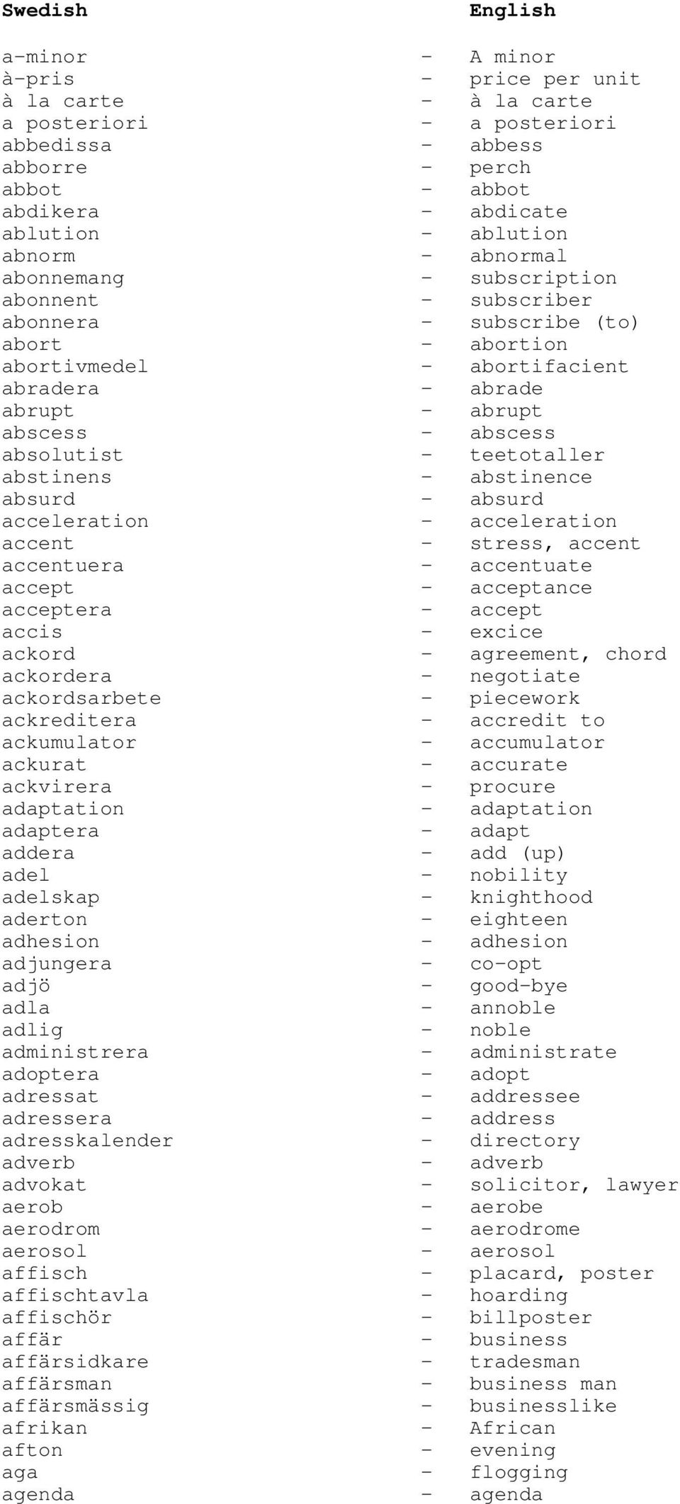 absolutist - teetotaller abstinens - abstinence absurd - absurd acceleration - acceleration accent - stress, accent accentuera - accentuate accept - acceptance acceptera - accept accis - excice