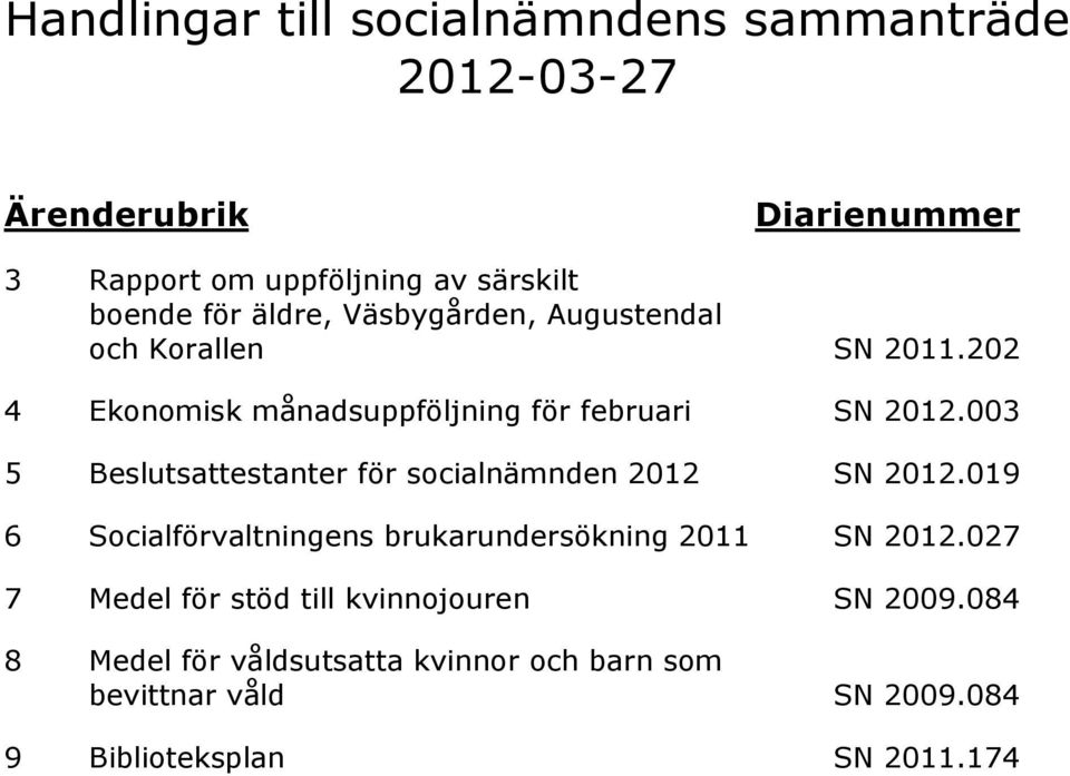 003 5 Beslutsattestanter för socialnämnden 2012 SN 2012.019 6 Socialförvaltningens brukarundersökning 2011 SN 2012.