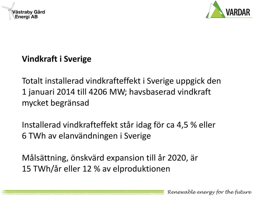 vindkrafteffekt står idag för ca 4,5 % eller 6 TWh av elanvändningen i Sverige