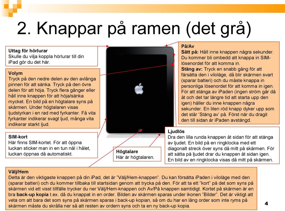 För att stänga av ipaden (ingen ström går då åt och det tar längre tid att starta upp den igen) håller du inne knappen några sekunder. En liten röd knapp dyker upp som det står Stäng av på.