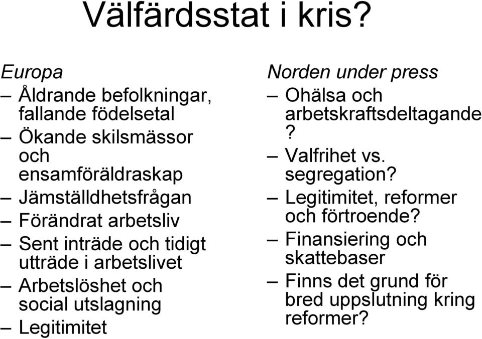 Förändrat arbetsliv Sent inträde och tidigt utträde i arbetslivet Arbetslöshet och social utslagning