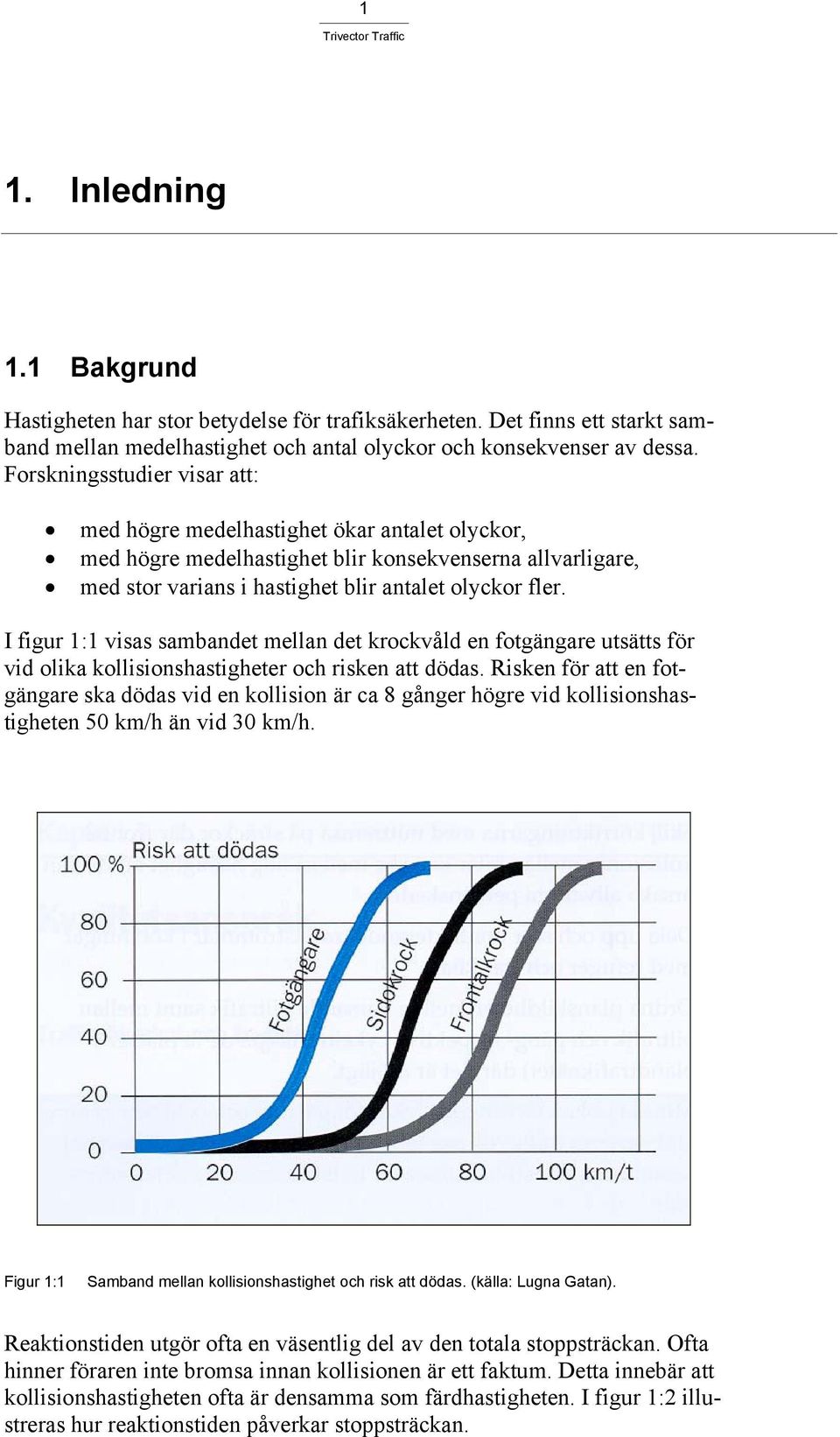 I figur 1:1 visas sambandet mellan det krockvåld en fotgängare utsätts för vid olika kollisionshastigheter och risken att dödas.