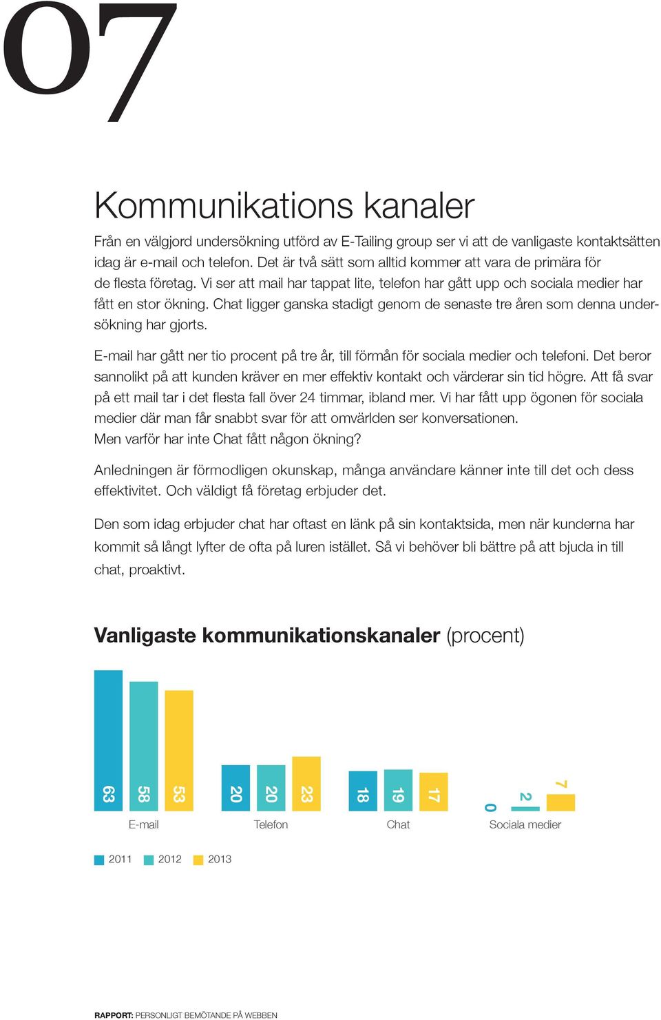 Chat ligger ganska stadigt genom de senaste tre åren som denna undersökning har gjorts. E-mail har gått ner tio procent på tre år, till förmån för sociala medier och telefoni.