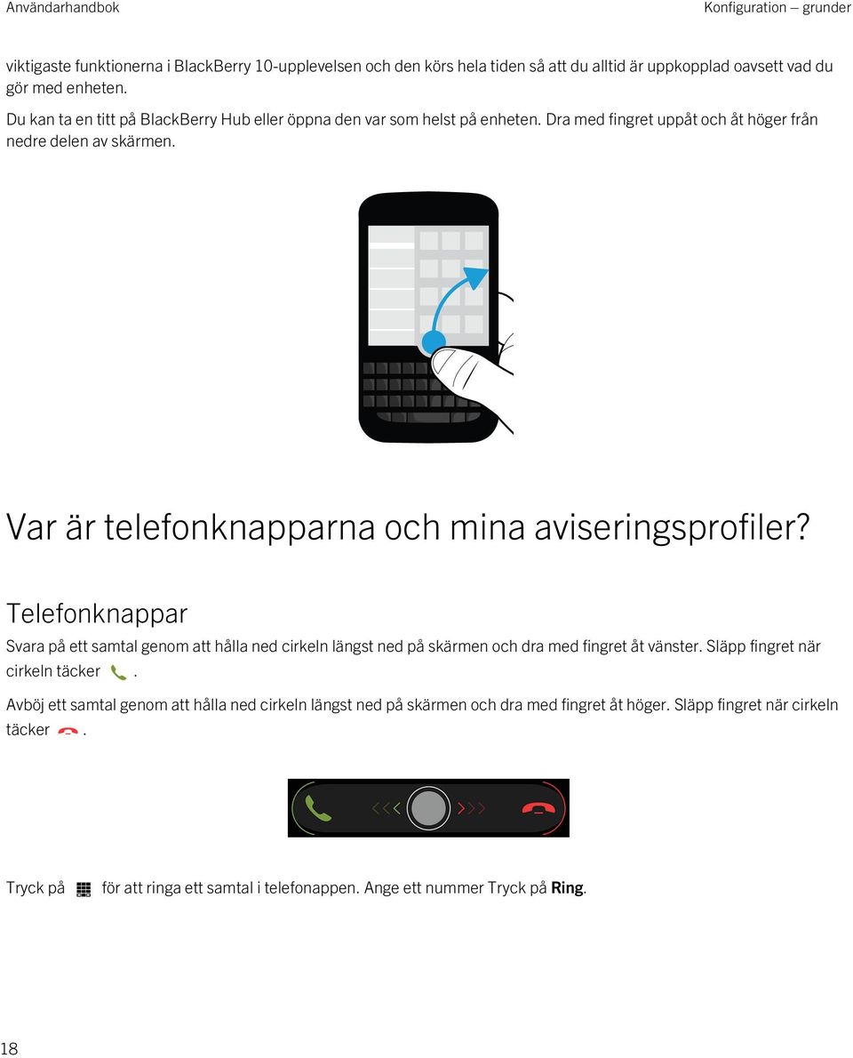 Var är telefonknapparna och mina aviseringsprofiler? Telefonknappar Svara på ett samtal genom att hålla ned cirkeln längst ned på skärmen och dra med fingret åt vänster.