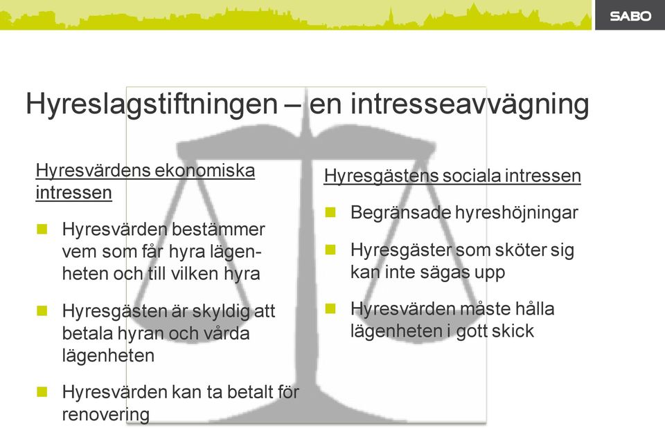 lägenheten Hyresgästens sociala intressen Begränsade hyreshöjningar Hyresgäster som sköter sig kan