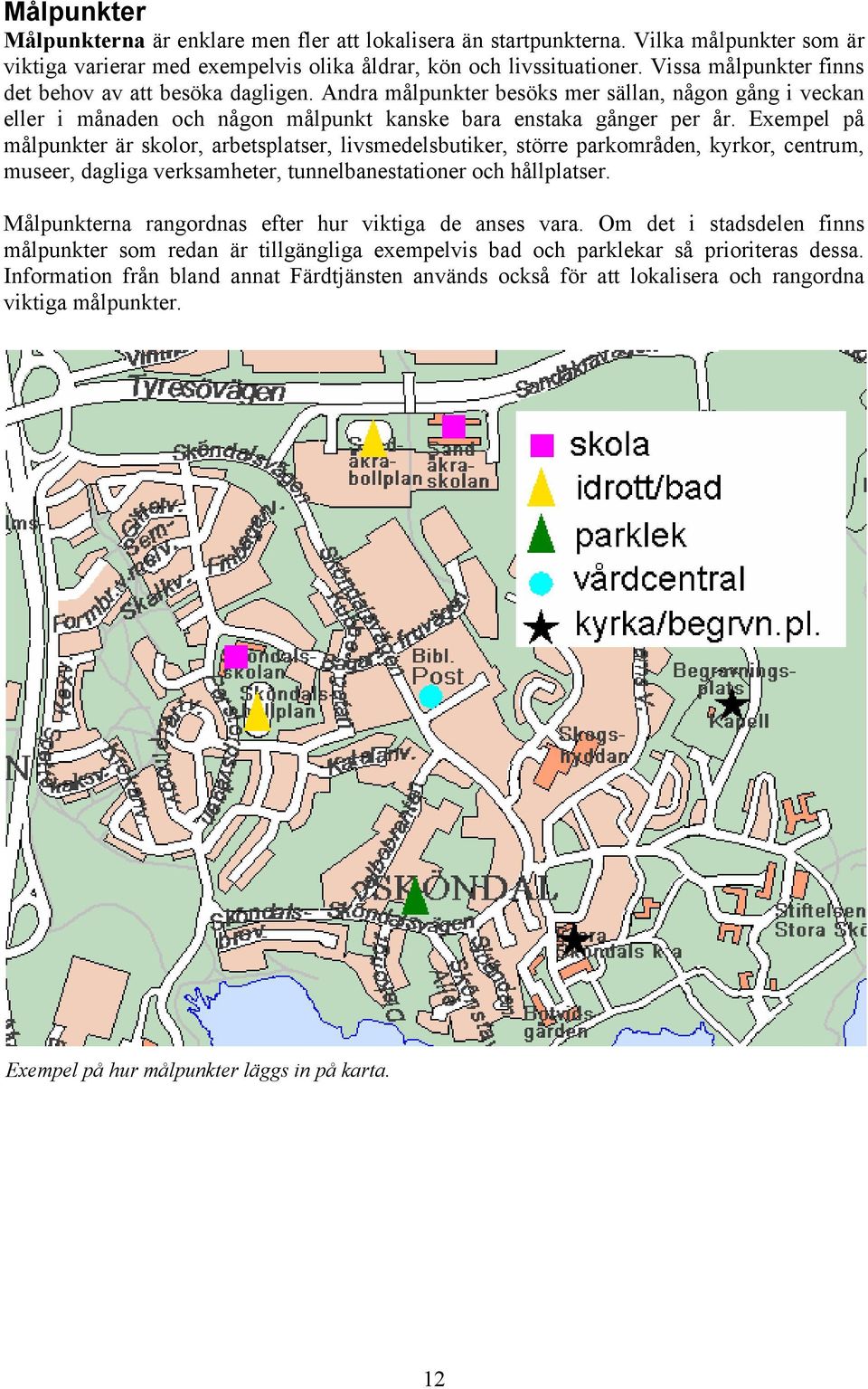 Exempel på målpunkter är skolor, arbetsplatser, livsmedelsbutiker, större parkområden, kyrkor, centrum, museer, dagliga verksamheter, tunnelbanestationer och hållplatser.