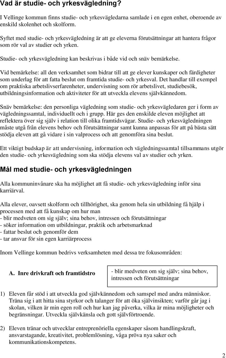 Vid bemärkelse: all den verksamhet som bidrar till att ge elever kunskaper och färdigheter som underlag för att fatta beslut om framtida studie- och yrkesval.