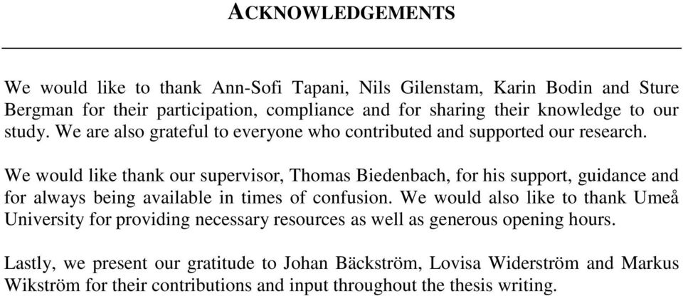 We would like thank our supervisor, Thomas Biedenbach, for his support, guidance and for always being available in times of confusion.