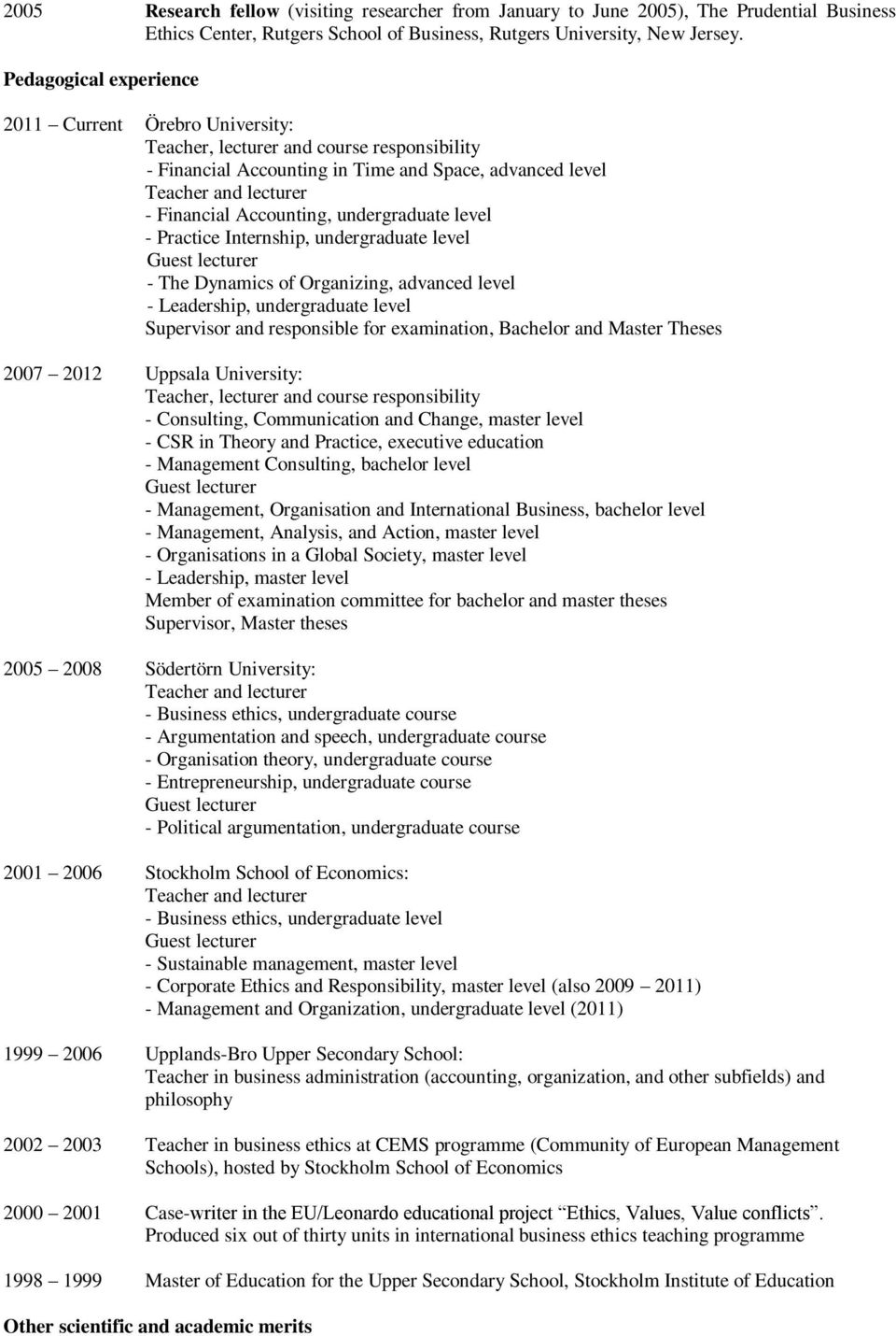 Accounting, undergraduate level - Practice Internship, undergraduate level - The Dynamics of Organizing, advanced level - Leadership, undergraduate level Supervisor and responsible for examination,