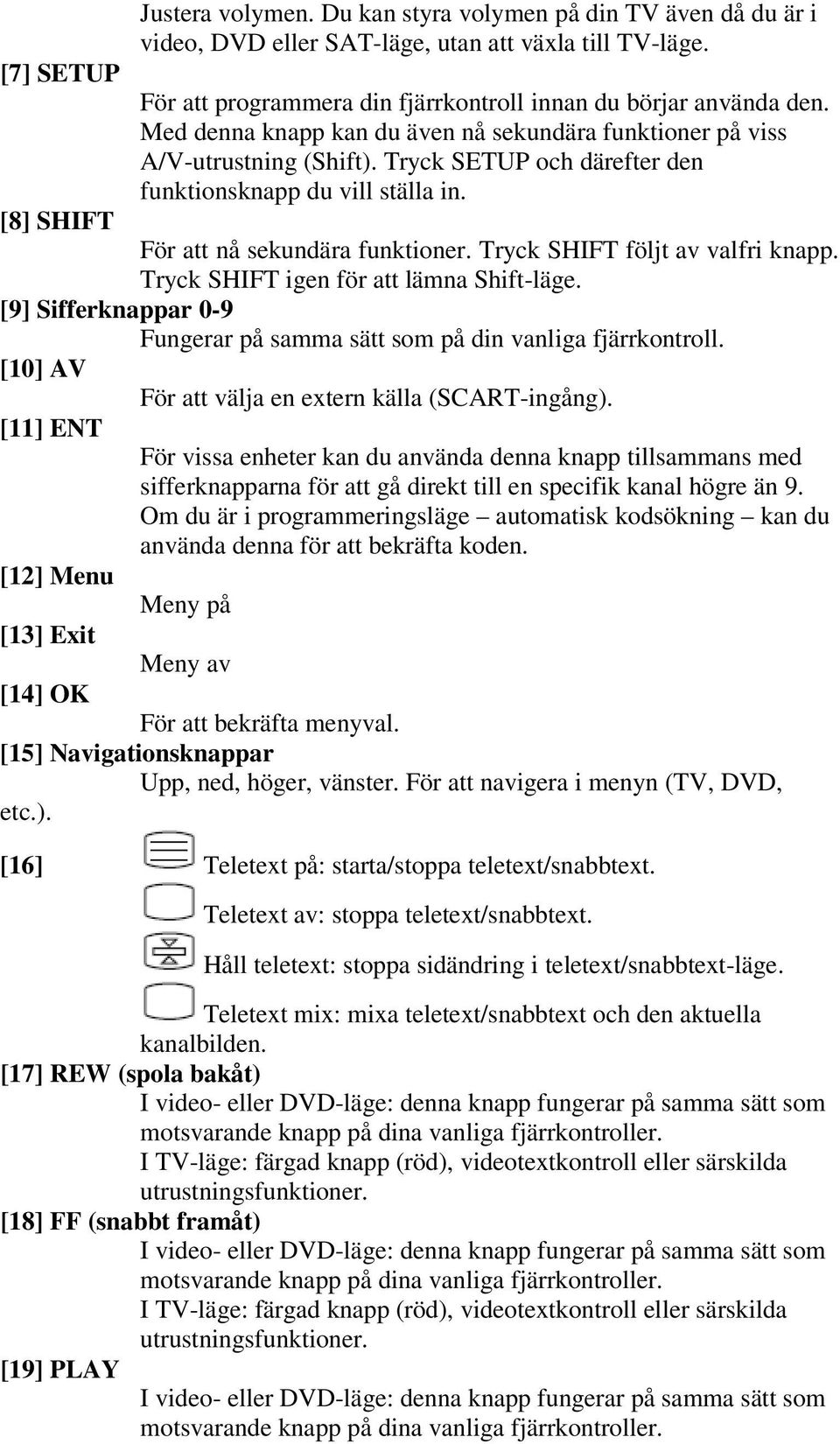 Tryck SHIFT följt av valfri knapp. Tryck SHIFT igen för att lämna Shift-läge. [9] Sifferknappar 0-9 Fungerar på samma sätt som på din vanliga fjärrkontroll.