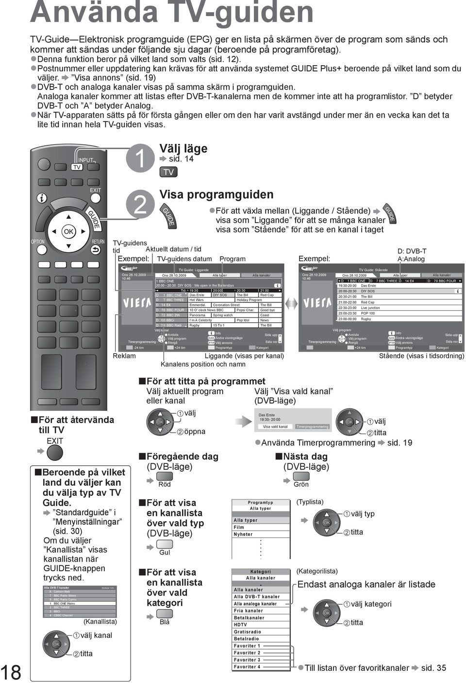 19) DVB-T och analoga kanaler visas på samma skärm i programguiden. Analoga kanaler kommer att listas efter DVB-T-kanalerna men de kommer inte att ha programlistor.