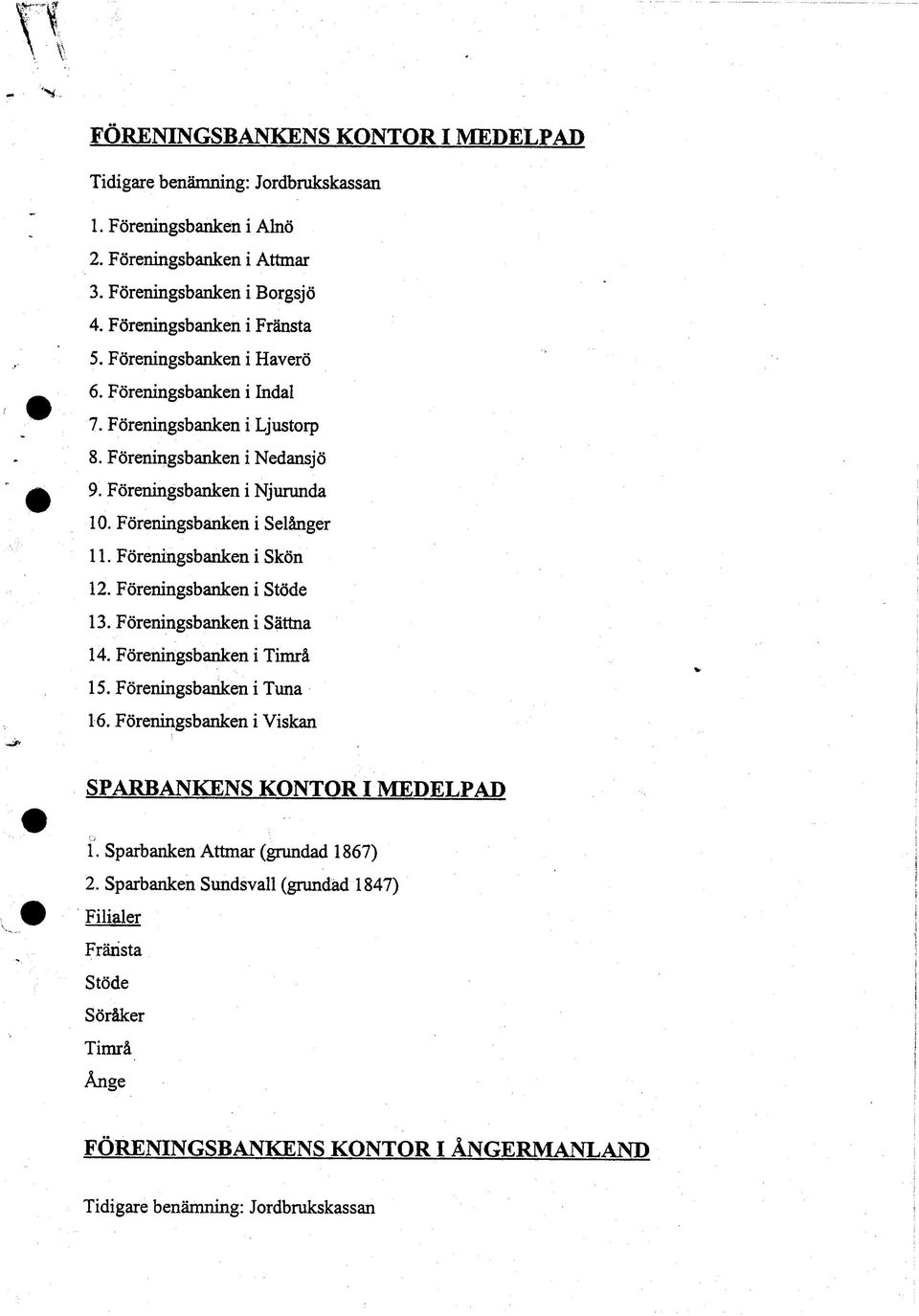 Föreningsbanken i Skön 12. Föreningsbanken i Stöde 13. Föreningsbanken i Sättna 14. Föreningsbanken i Timrå 15. Föreningsbanken i Tuna 16.