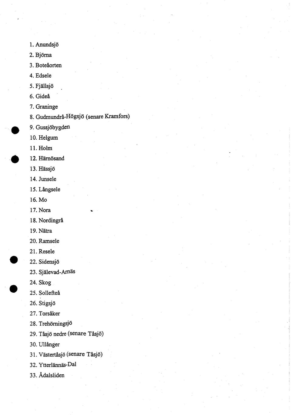 Nätra 20. Ramsele 21. Resele 22. Sidensjö 23. Själevad-Arnäs 24. Skog 25. Sollefteå 26. Stigsjö 27. Torsåker 28.