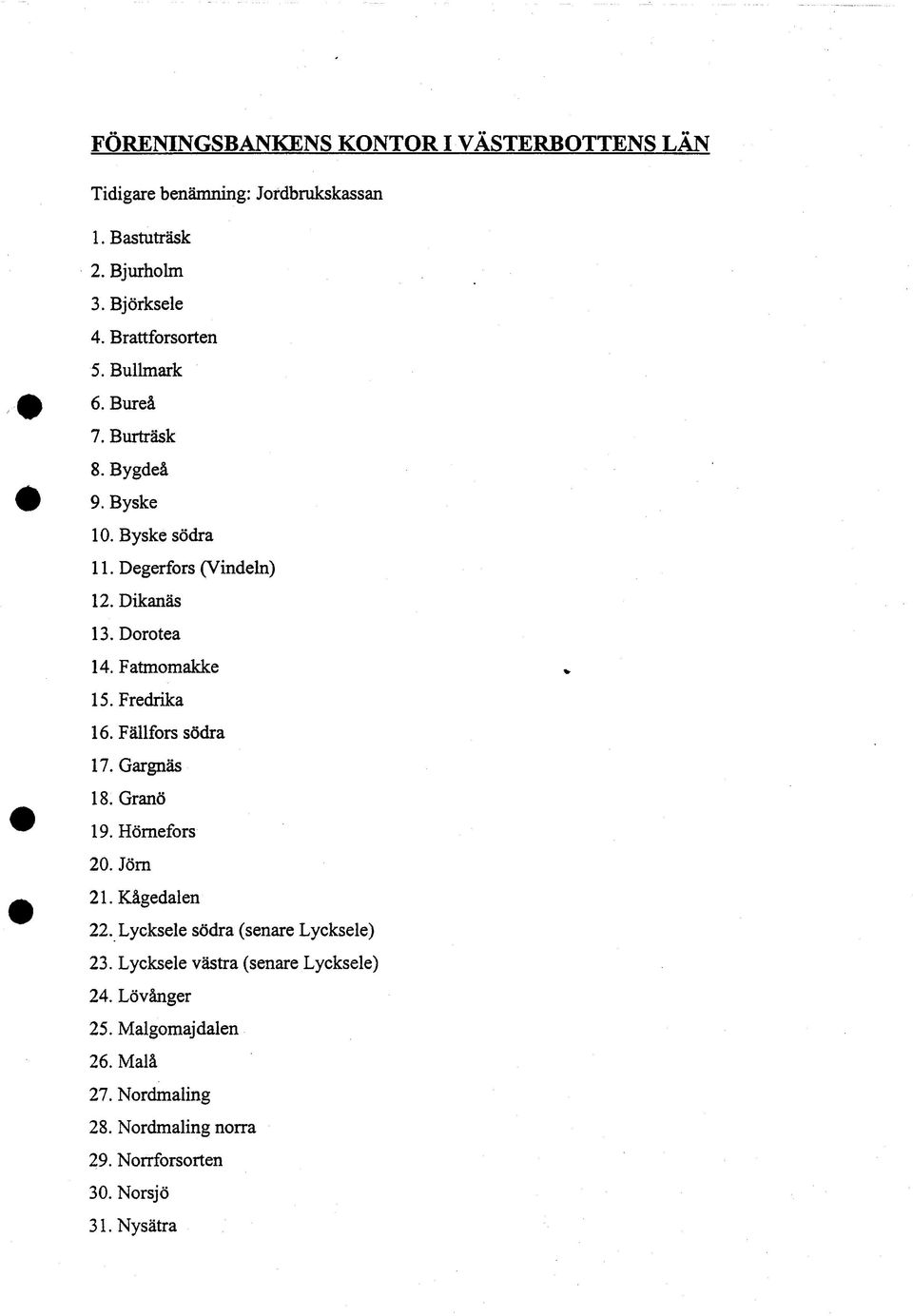 Fatmomakke 15. Fredrika 16. Fällfors södra 17. Gargnäs 18. Granö 19. Hörnefors 20. Jörn 21. Kågedalen 22.