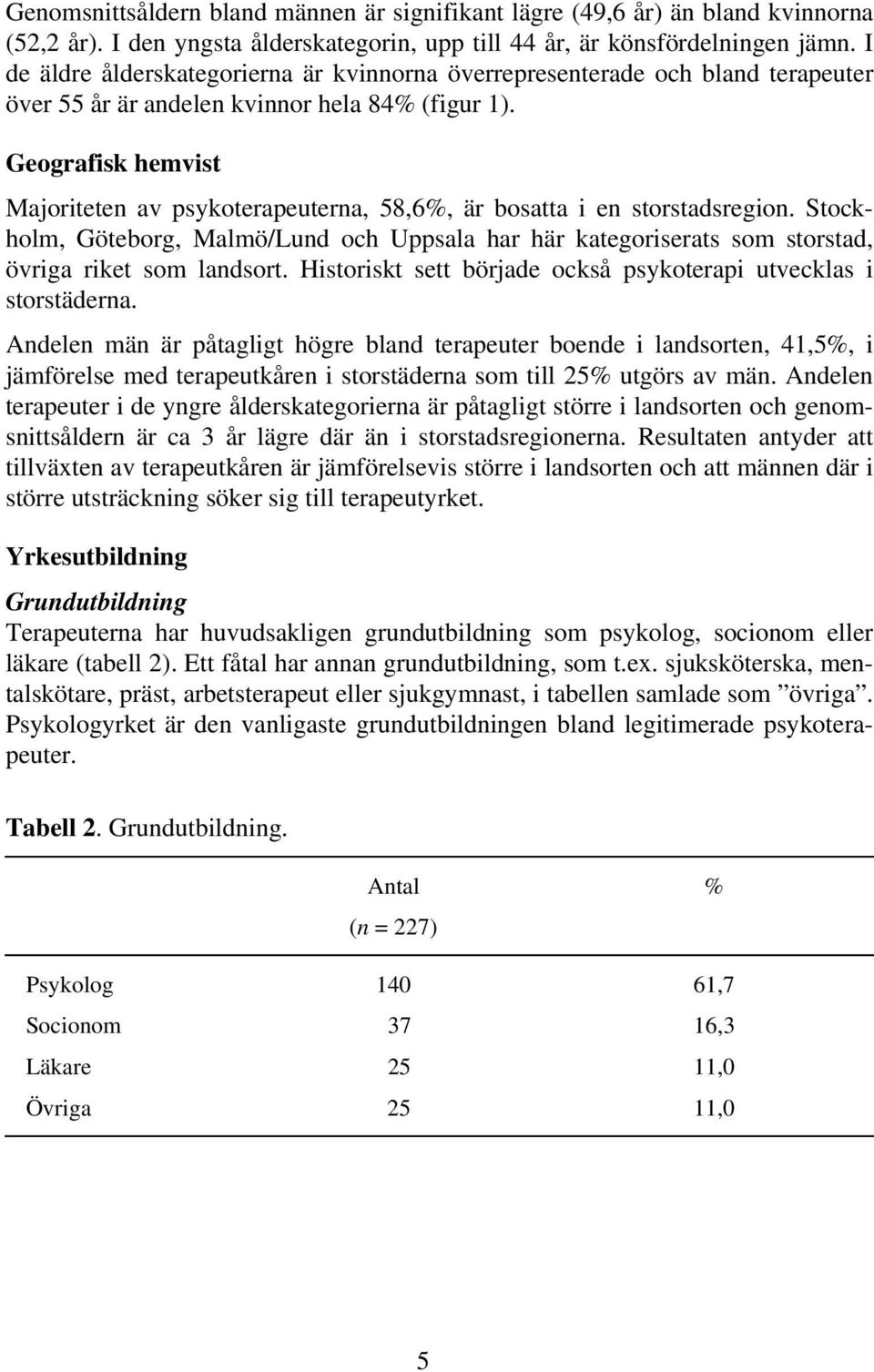 Geografisk hemvist Majoriteten av psykoterapeuterna, 58,6%, är bosatta i en storstadsregion. Stockholm, Göteborg, Malmö/Lund och Uppsala har här kategoriserats som storstad, övriga riket som landsort.