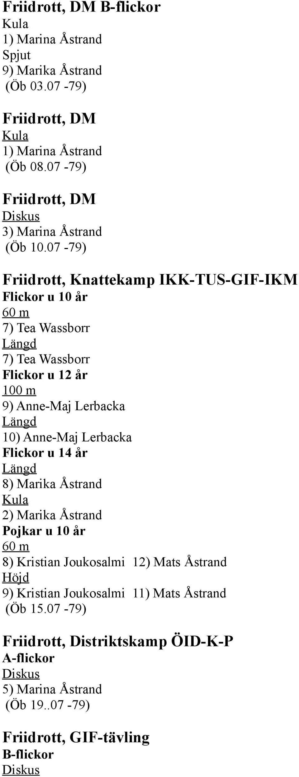 Längd 10) Anne-Maj Lerbacka Flickor u 14 år Längd 8) Marika Åstrand 2) Marika Åstrand Pojkar u 10 år 60 m 8) Kristian Joukosalmi 12) Mats Åstrand