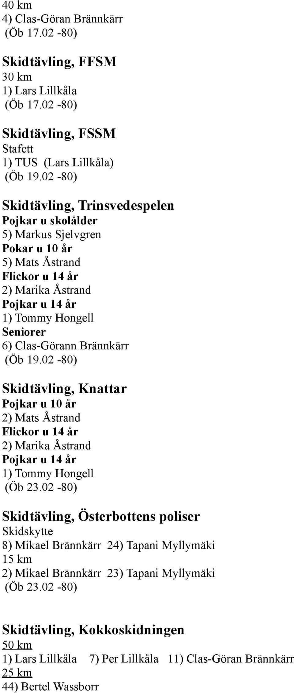 Clas-Görann Brännkärr (Öb 19.02-80) Skidtävling, Knattar Pojkar u 10 år 2) Mats Åstrand Flickor u 14 år 2) Marika Åstrand Pojkar u 14 år 1) Tommy Hongell (Öb 23.