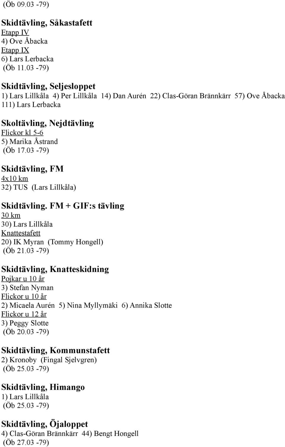 (Öb 17.03-79) Skidtävling, FM 4x10 km 32) TUS (Lars Lillkåla) Skidtävling. FM + GIF:s tävling 30 km 30) Lars Lillkåla Knattestafett 20) IK Myran (Tommy Hongell) (Öb 21.