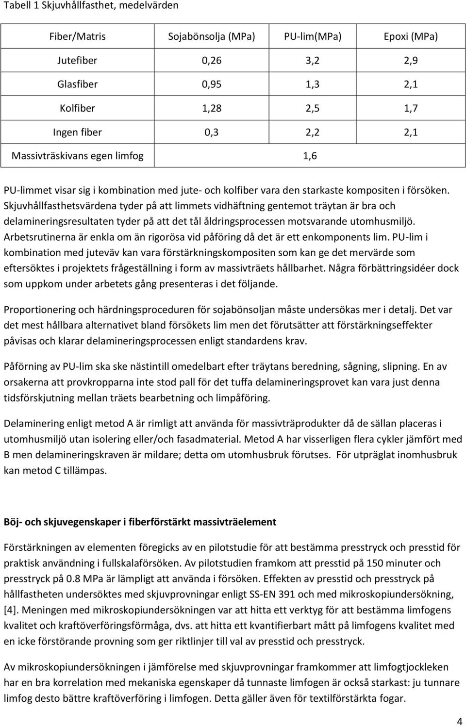 Skjuvhållfasthetsvärdena tyder på att limmets vidhäftning gentemot träytan är bra och delamineringsresultaten tyder på att det tål åldringsprocessen motsvarande utomhusmiljö.