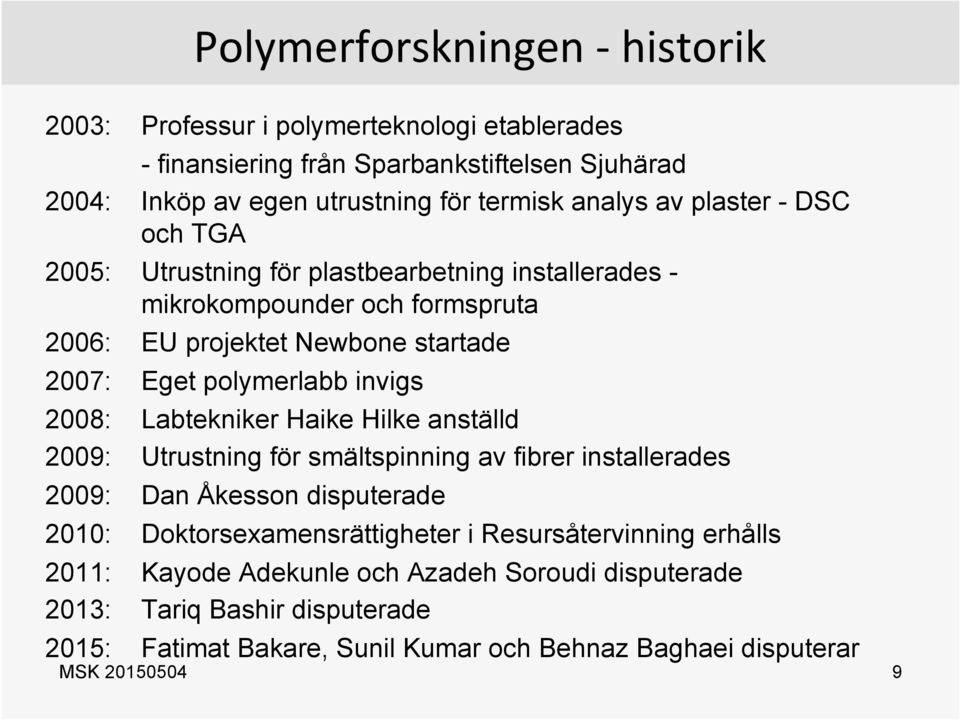 2008: Labtekniker Haike Hilke anställd 2009: Utrustning för smältspinning av fibrer installerades 2009: Dan Åkesson disputerade 2010: Doktorsexamensrättigheter i
