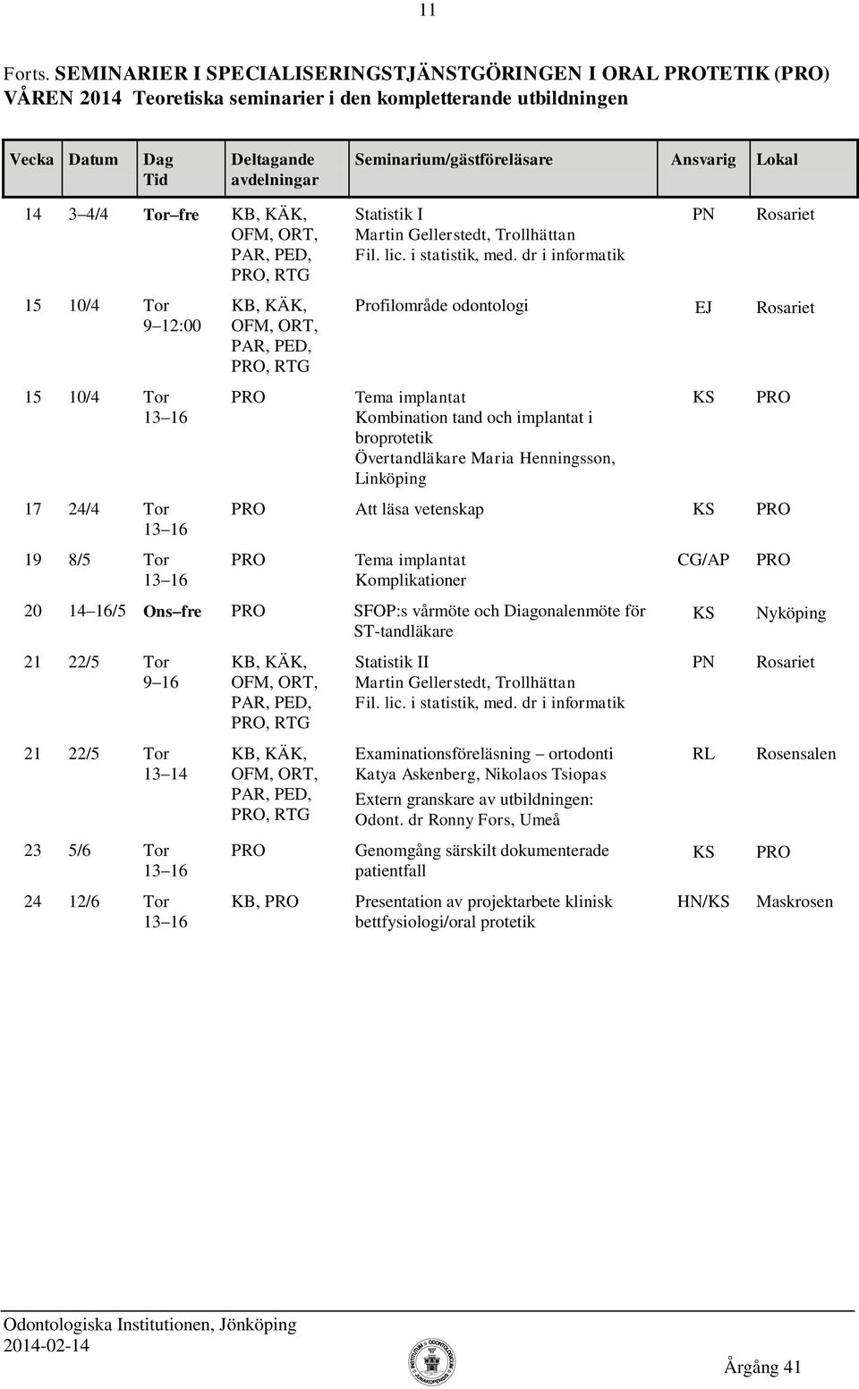 odontologi EJ 15 10/4 Tor PRO Tema implantat Kombination tand och implantat i broprotetik Övertandläkare Maria Henningsson, Linköping PRO 17 24/4 Tor PRO Att läsa vetenskap PRO 19 8/5 Tor PRO Tema