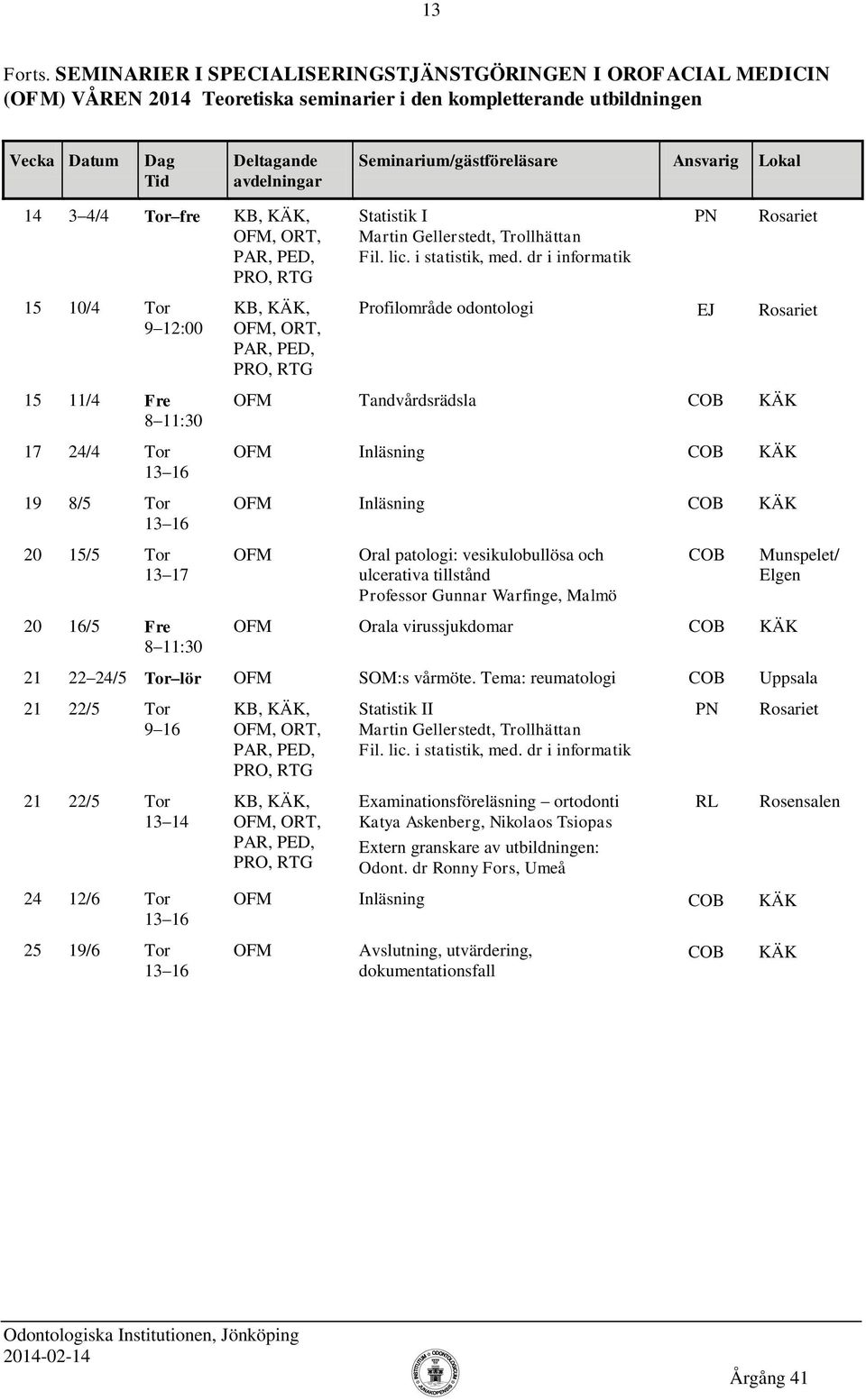 odontologi EJ 15 11/4 Fre 8 11:30 17 24/4 Tor 19 8/5 Tor OFM Tandvårdsrädsla COB KÄK OFM Inläsning COB KÄK OFM Inläsning COB KÄK 20 15/5 Tor 13 17 OFM Oral patologi: vesikulobullösa och ulcerativa