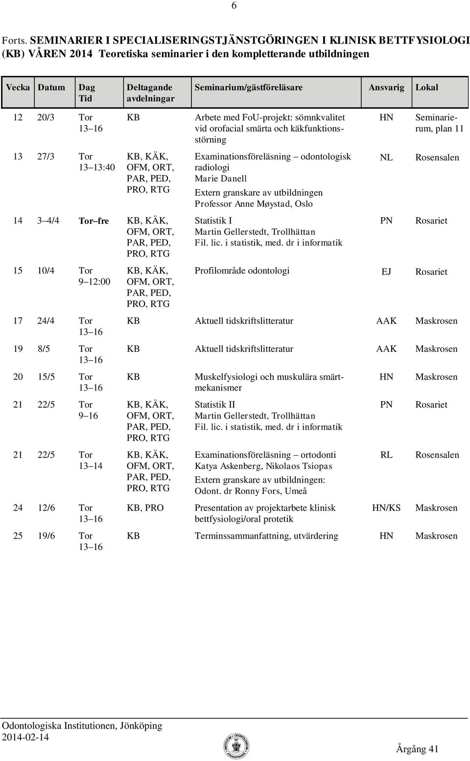 orofacial smärta och käkfunktionsstörning Seminarierum, plan 11 13 27/3 Tor Examinationsföreläsning odontologisk radiologi Marie Danell Professor Anne Møystad, Oslo NL 14 3 4/4 Tor fre Statistik I 15