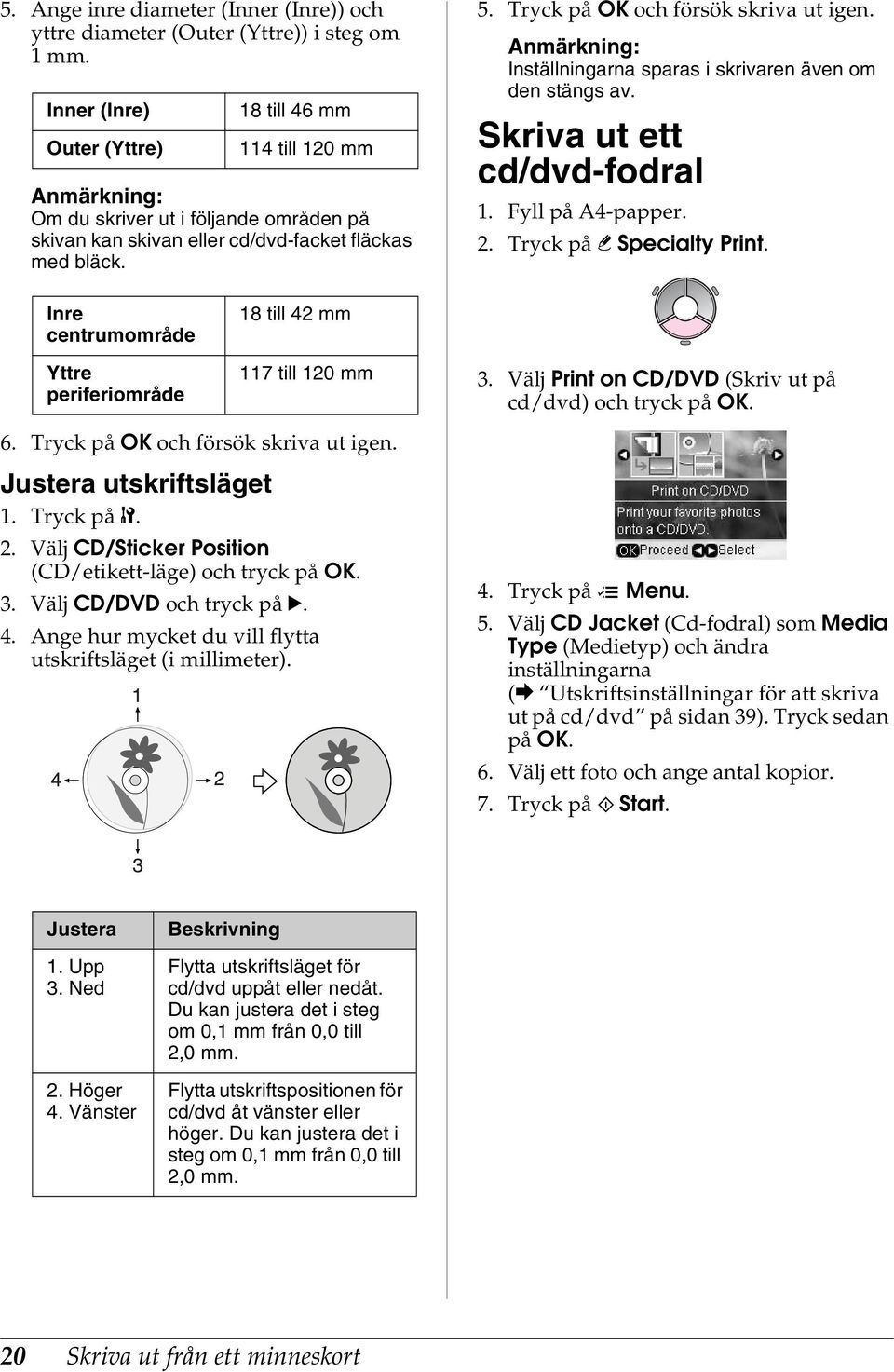 Inställningarna sparas i skrivaren även om den stängs av. Skriva ut ett cd/dvd-fodral 1. Fyll på A4-papper. 2. Tryck på v Specialty Print.