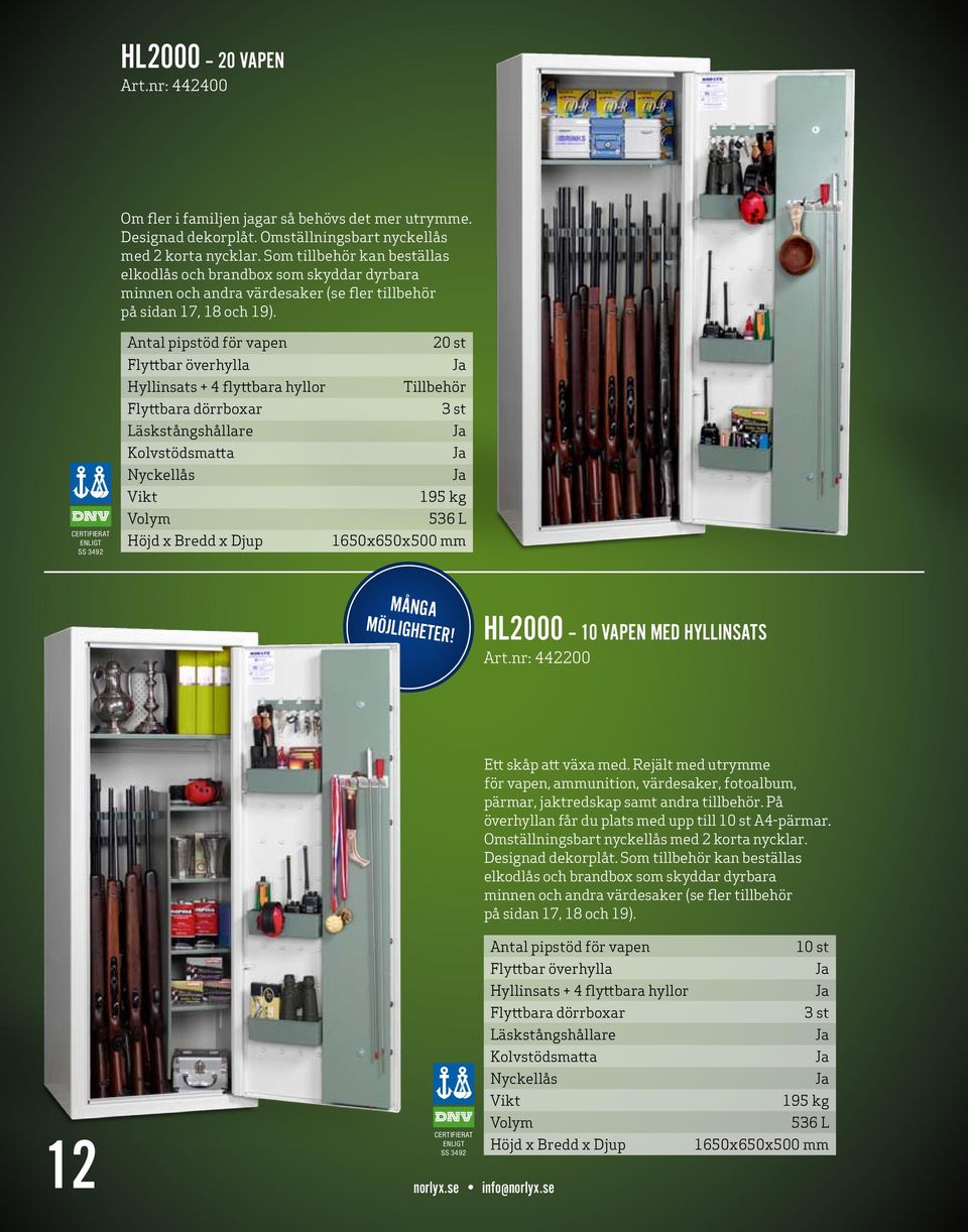 20 st Hyllinsats + 4 flyttbara hyllor Tillbehör 195 kg 536 L 1650x650x500 mm MÅNGA MÖJLIGHETER! HL2000 10 VAPEN MED HYLLINSATS Art.nr: 442200 Ett skåp att växa med.