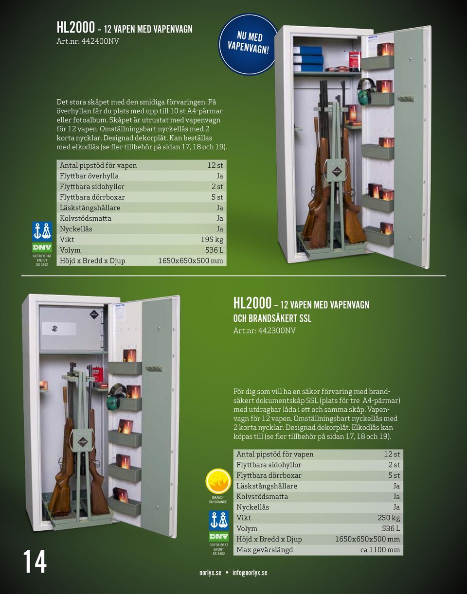 Flyttbara sidohyllor 12 st 2 st 5 st 195 kg 536 L 1650x650x500 mm HL2000 12 VAPEN MED VAPENVAGN OCH BRANDSÄKERT SSL Art.