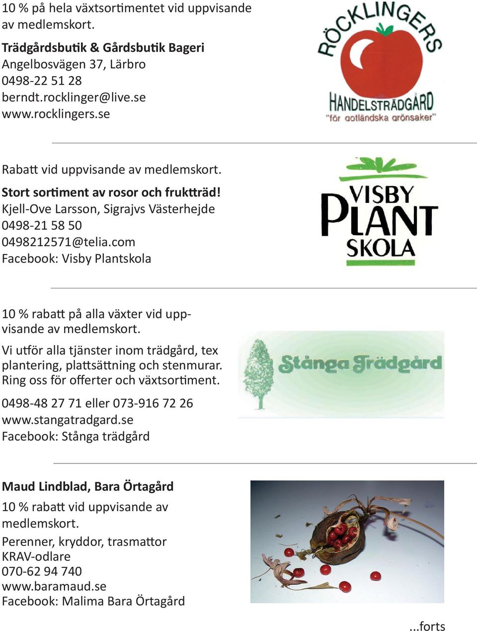 com Facebook: Visby Plantskola 10 % rabatt på alla växter vid uppvisande av medlemskort. Vi utför alla tjänster inom trädgård, tex plantering, plattsättning och stenmurar.