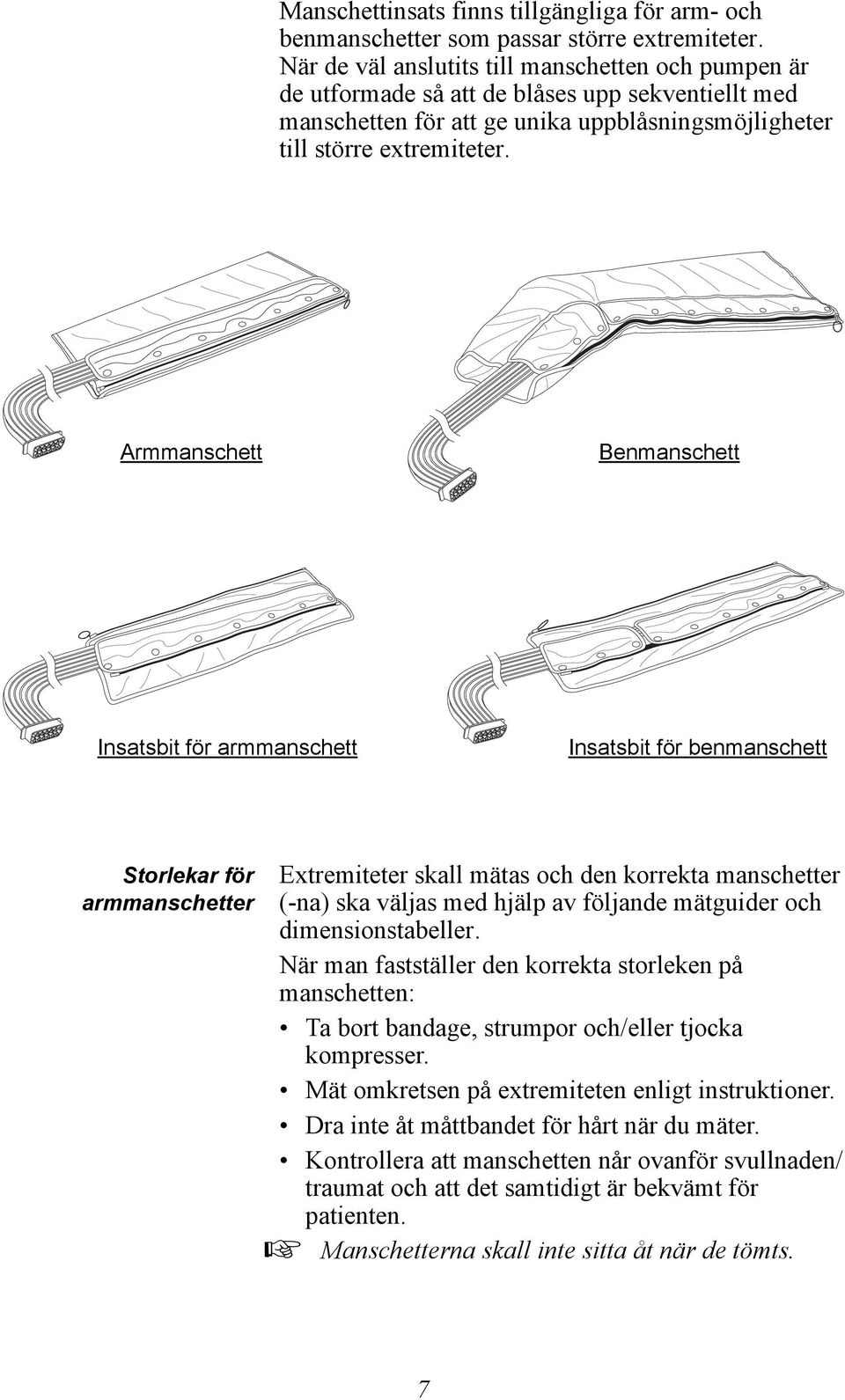 Armmanschett Benmanschett Insatsbit för armmanschett Insatsbit för benmanschett Storlekar för armmanschetter Extremiteter skall mätas och den korrekta manschetter (-na) ska väljas med hjälp av