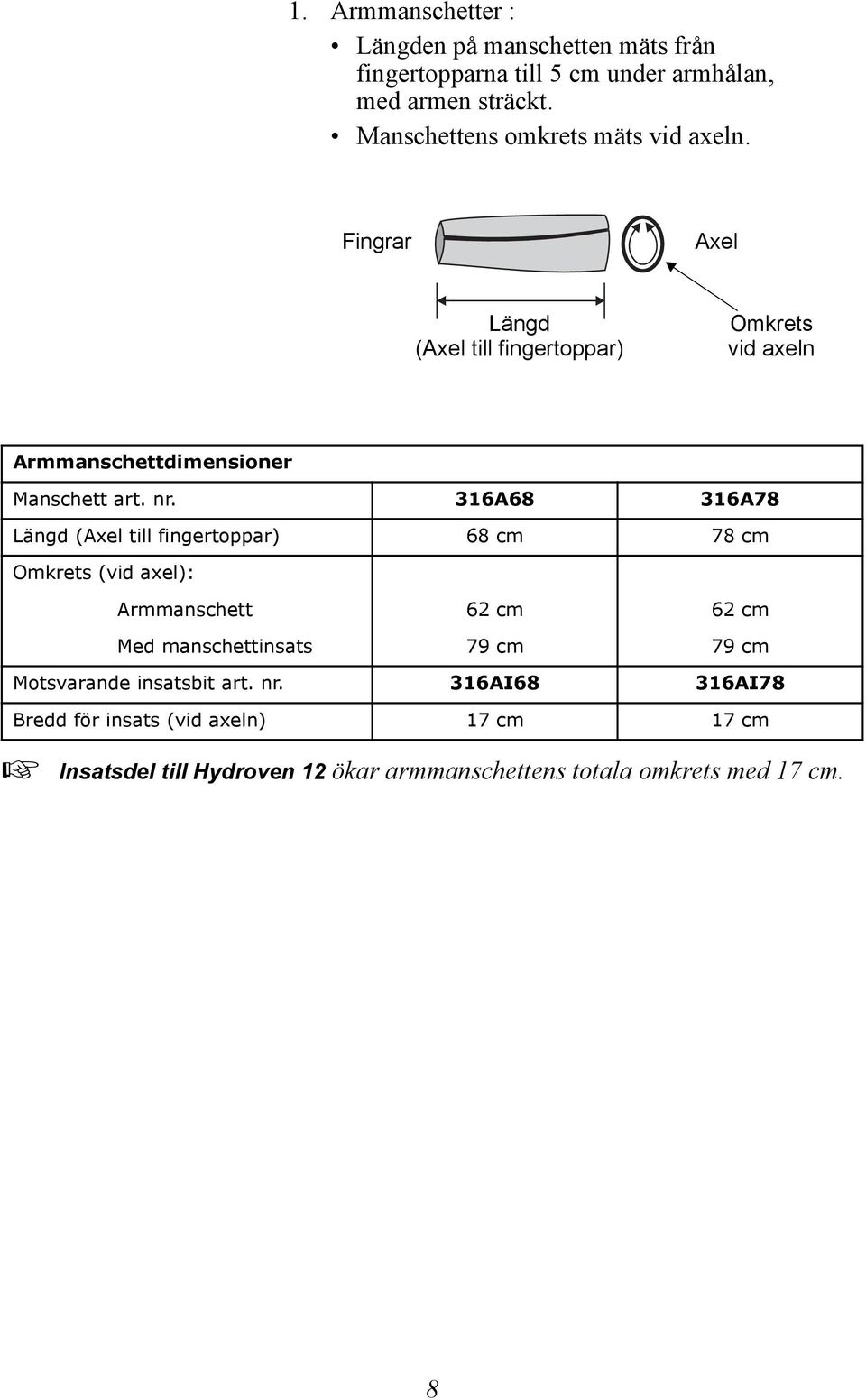 nr. 316A68 316A78 Längd (Axel till fingertoppar) 68 cm 78 cm Omkrets (vid axel): Armmanschett 62 cm 62 cm Med manschettinsats 79 cm 79 cm
